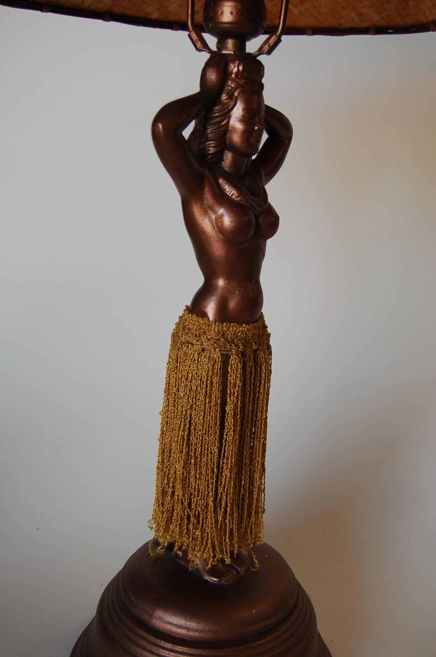 Mid-Century Modern Post War Copper Hawaiian Hula Girl Table Lamp with Wicker Shade