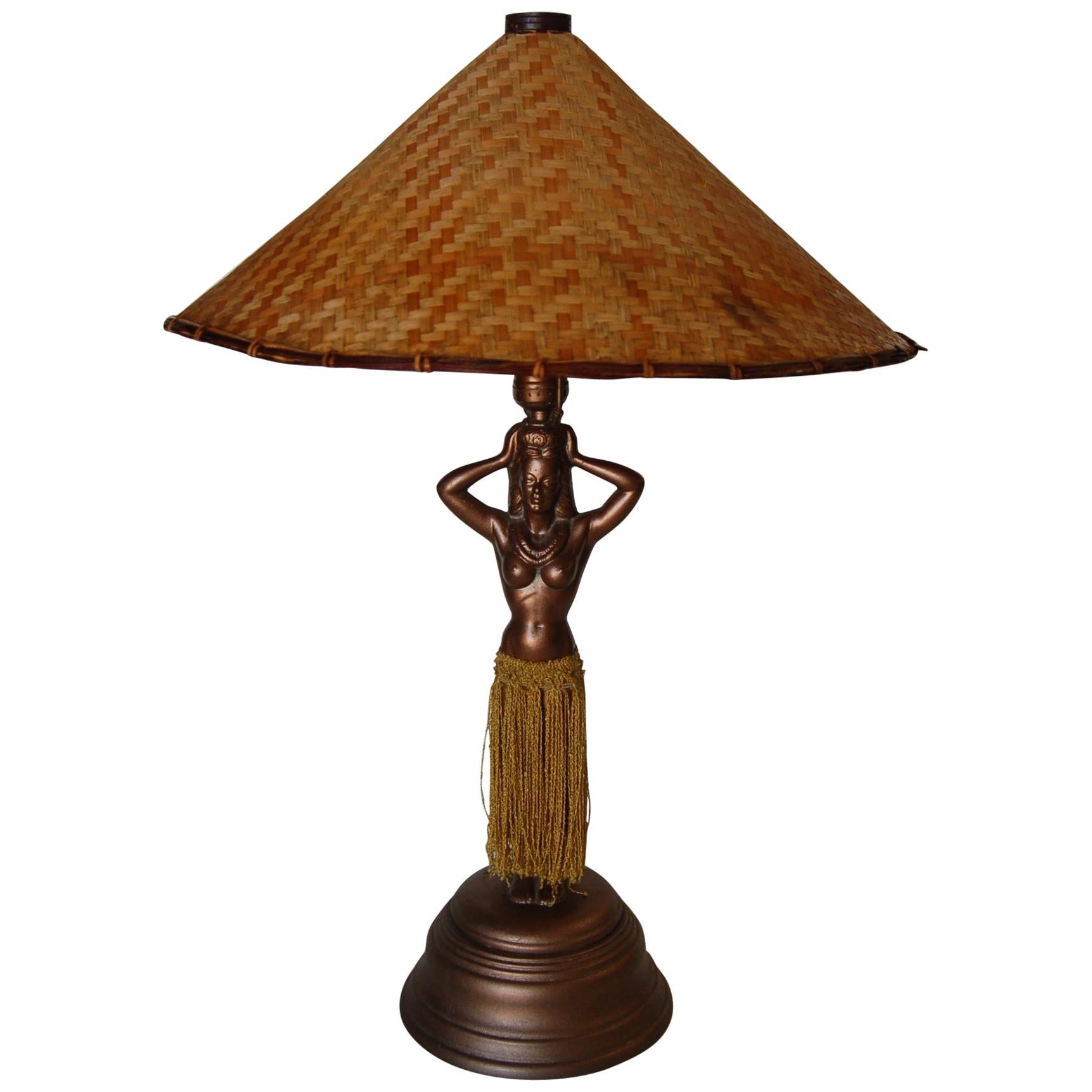 Post War Copper Hawaiian Hula Girl Table Lamp with Wicker Shade