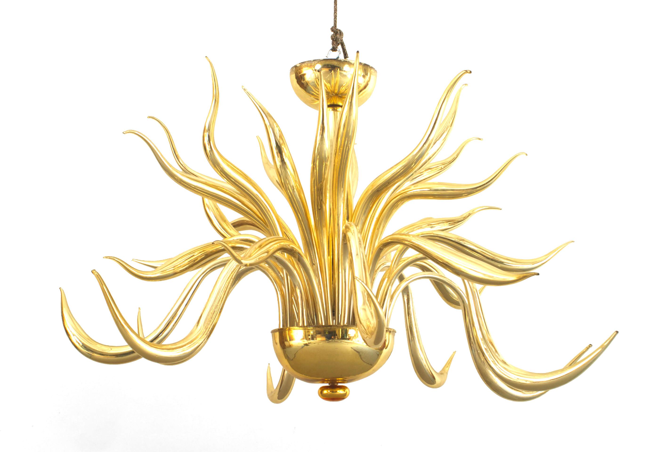 Post-War Italian Venetian Murano gilt glass chandelier with multiple scroll arms emanating from a center shaft with a bowl bottom.
