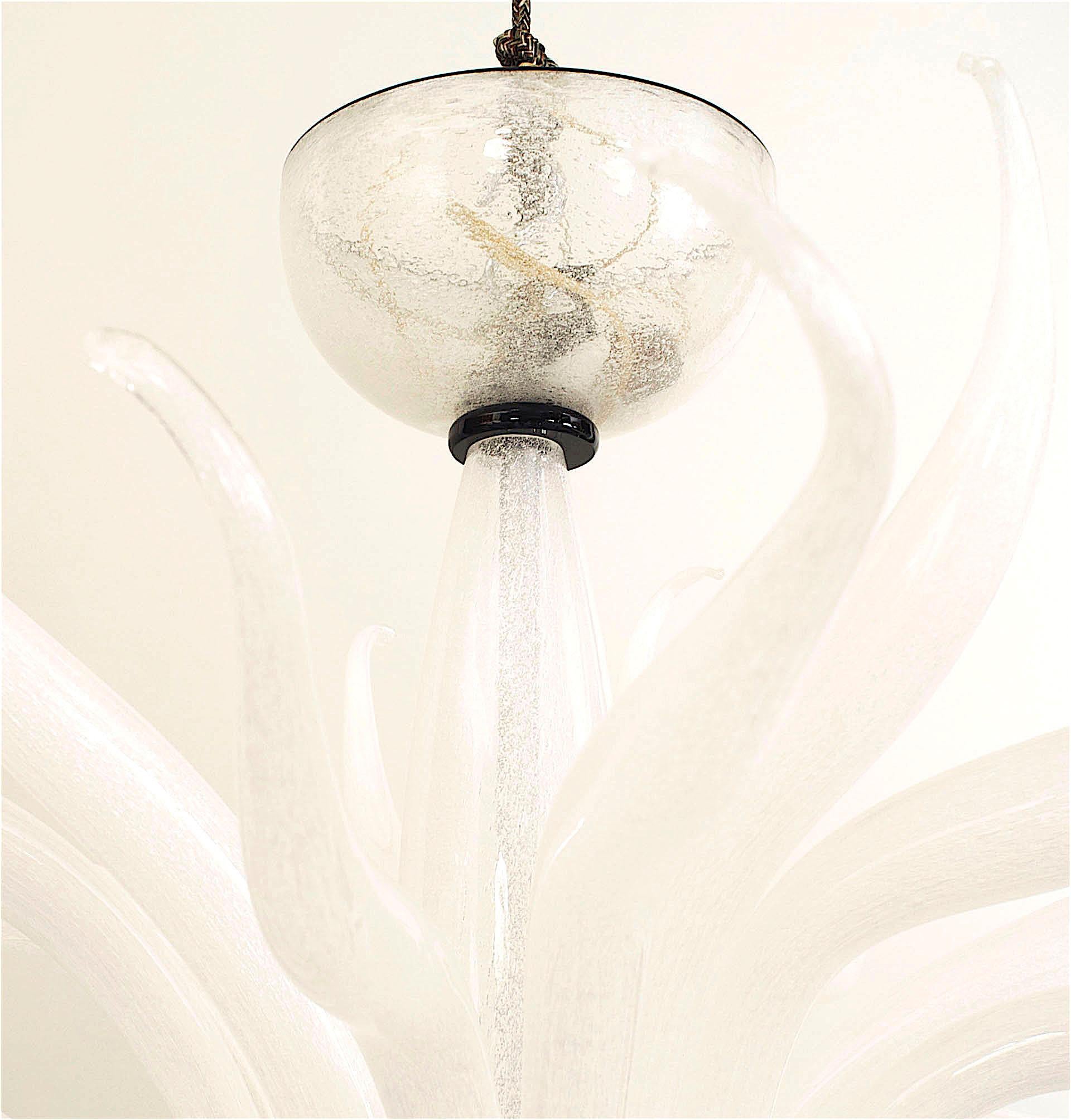 Post-War Design Italian Venetian Murano textured white glass chandelier with multiple scroll arms emanating from a center shaft with a bowl bottom having a black glass finial & trim.
