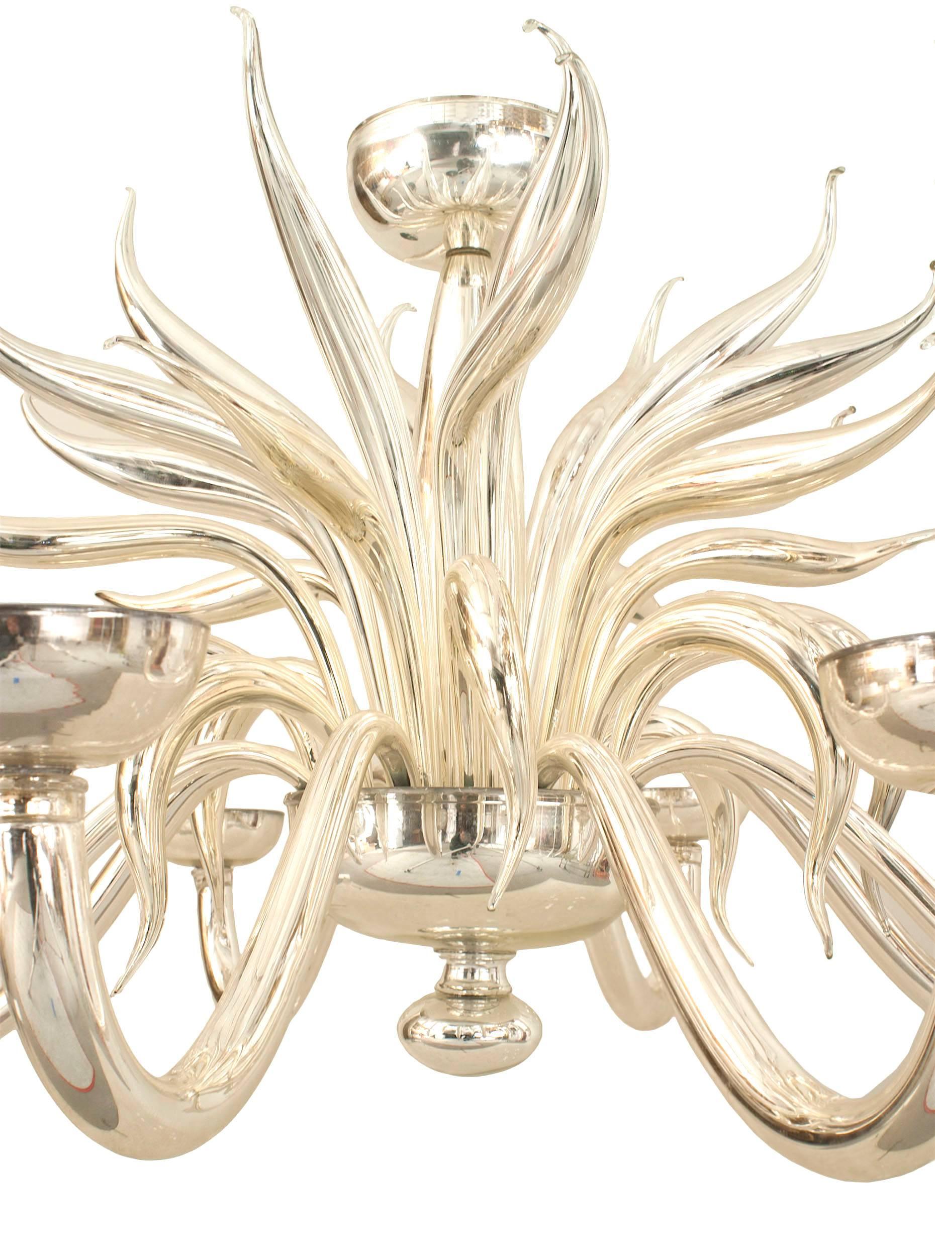 Post-War Design Italian Venetian Murano silvered glass chandelier with multiple scroll 8 arms and multiple scrolls emanating from a center shaft with a final and bowl bottom.
