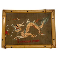 Antique Post War Embroided Silk Art Imperial Chinese Dragon in Bamboo Frame