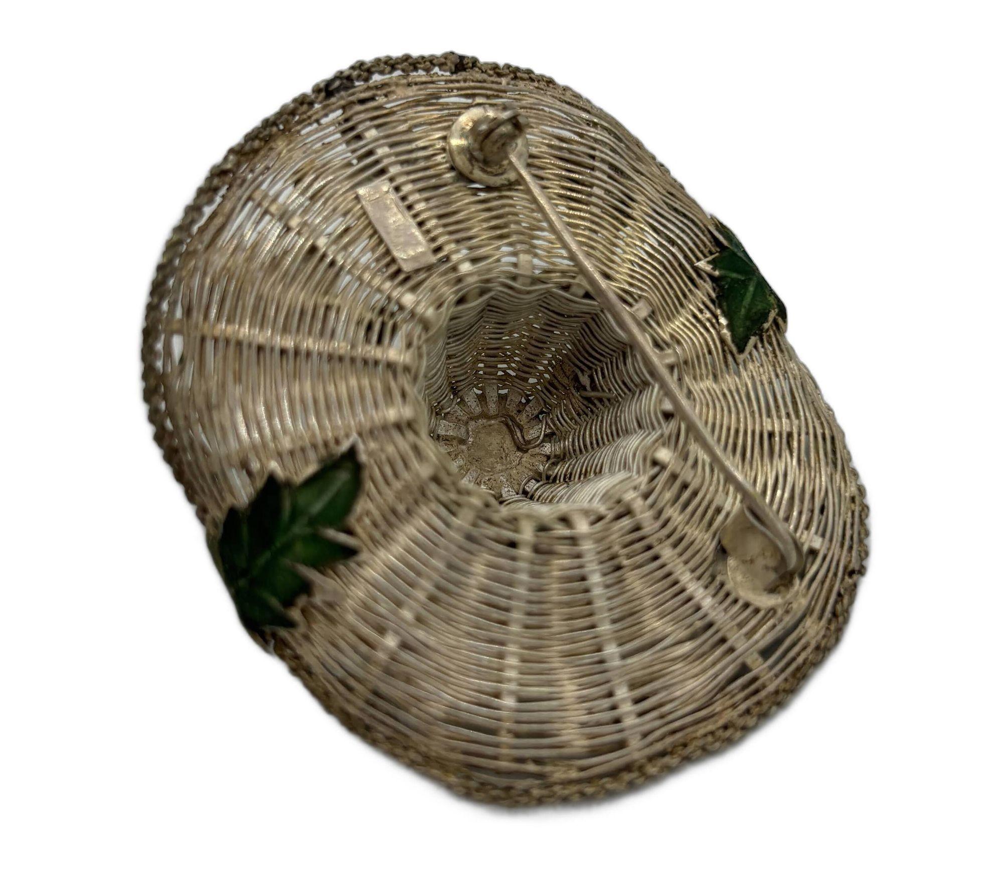 American Post-war Export Silver Filigree Woven Enamel Beach Hat Brooch w/ Enamel Foliage For Sale