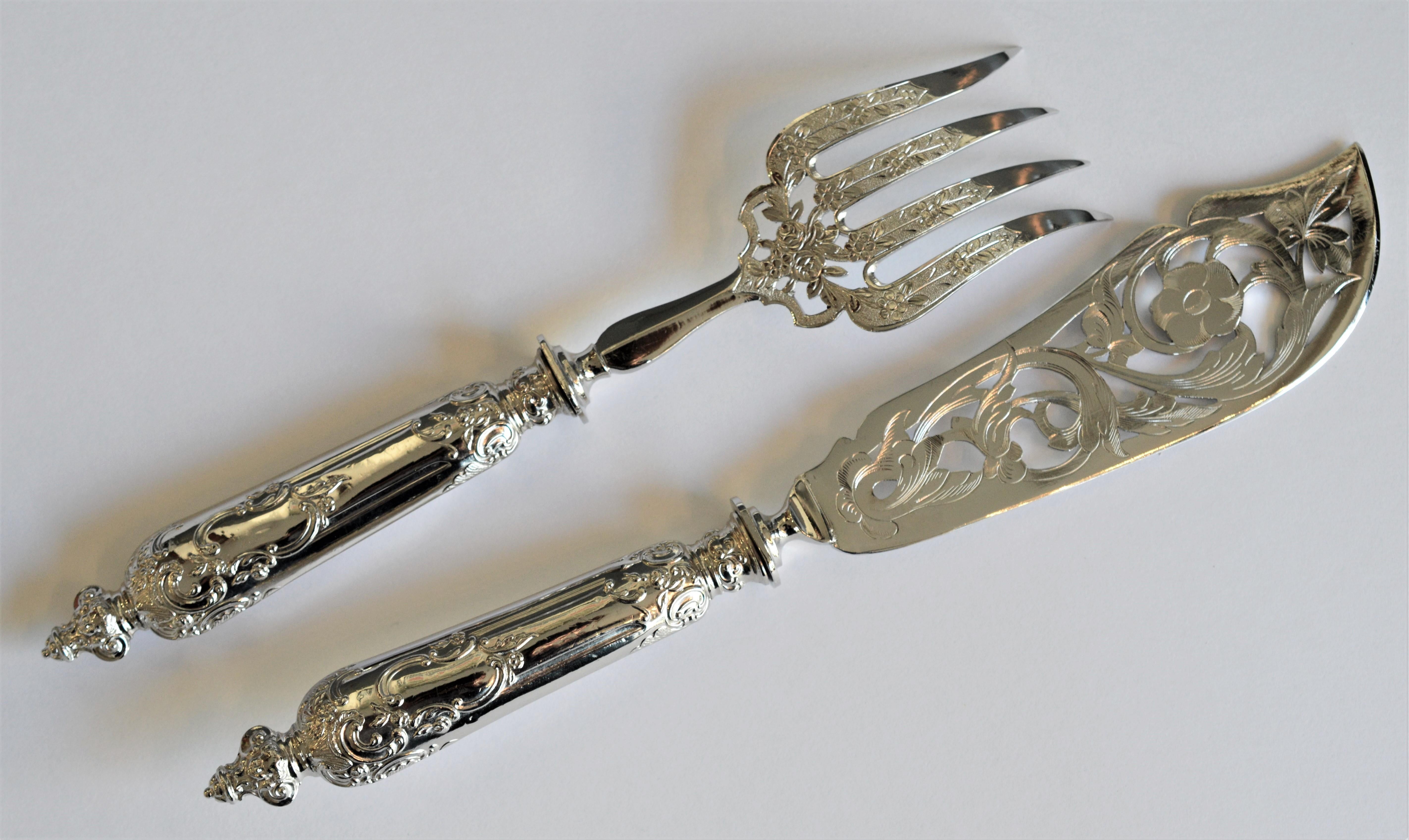 Notable floral inspired engraving compliments this ornate fish knife and fork duo. The pair, with high luster silver plated finish and fancy filigree pattern delivers an elegant table presentation.
The fish knife measures approximately 12-1/4 inches