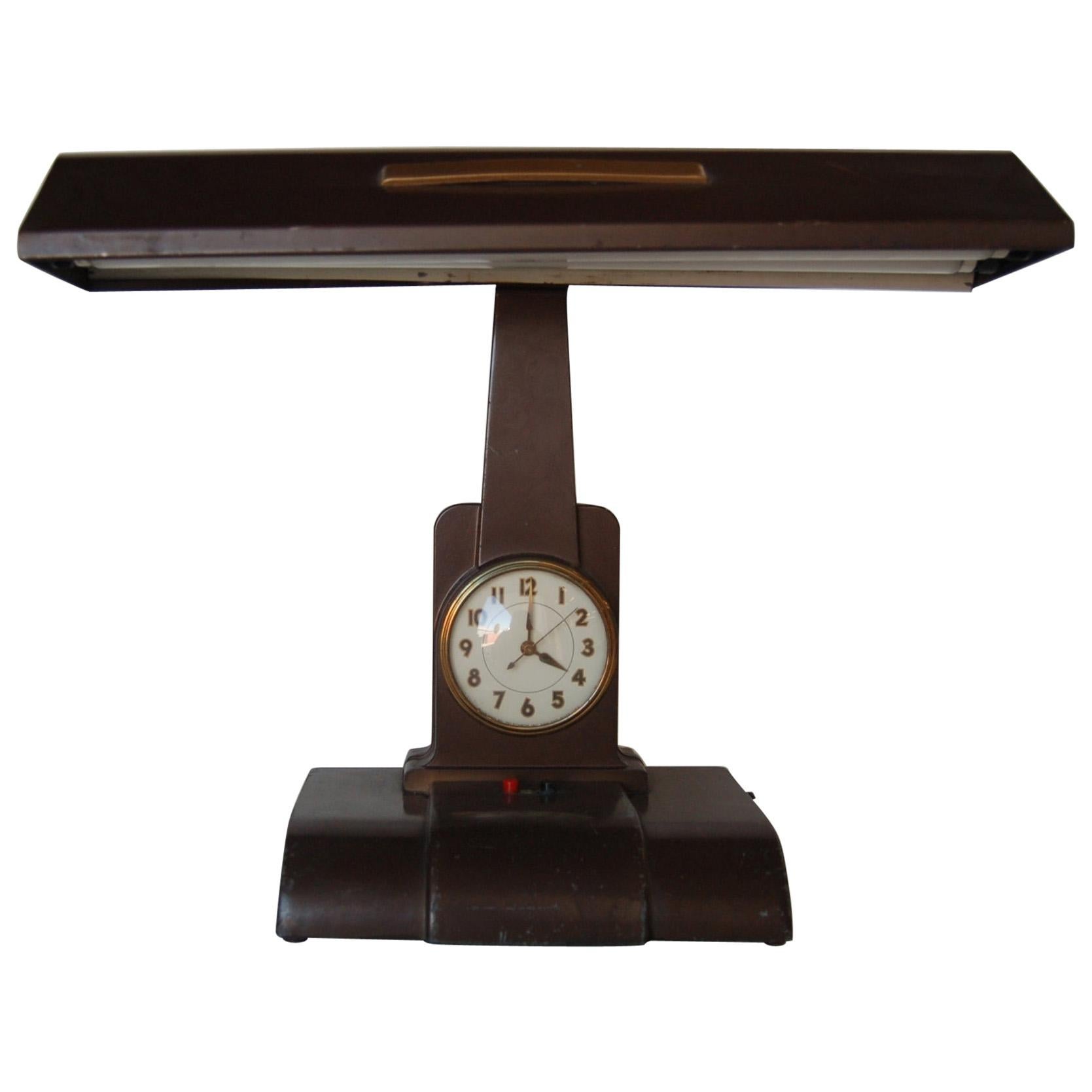 Post War Fluorescent Desk Lamp with Clock by Telechron