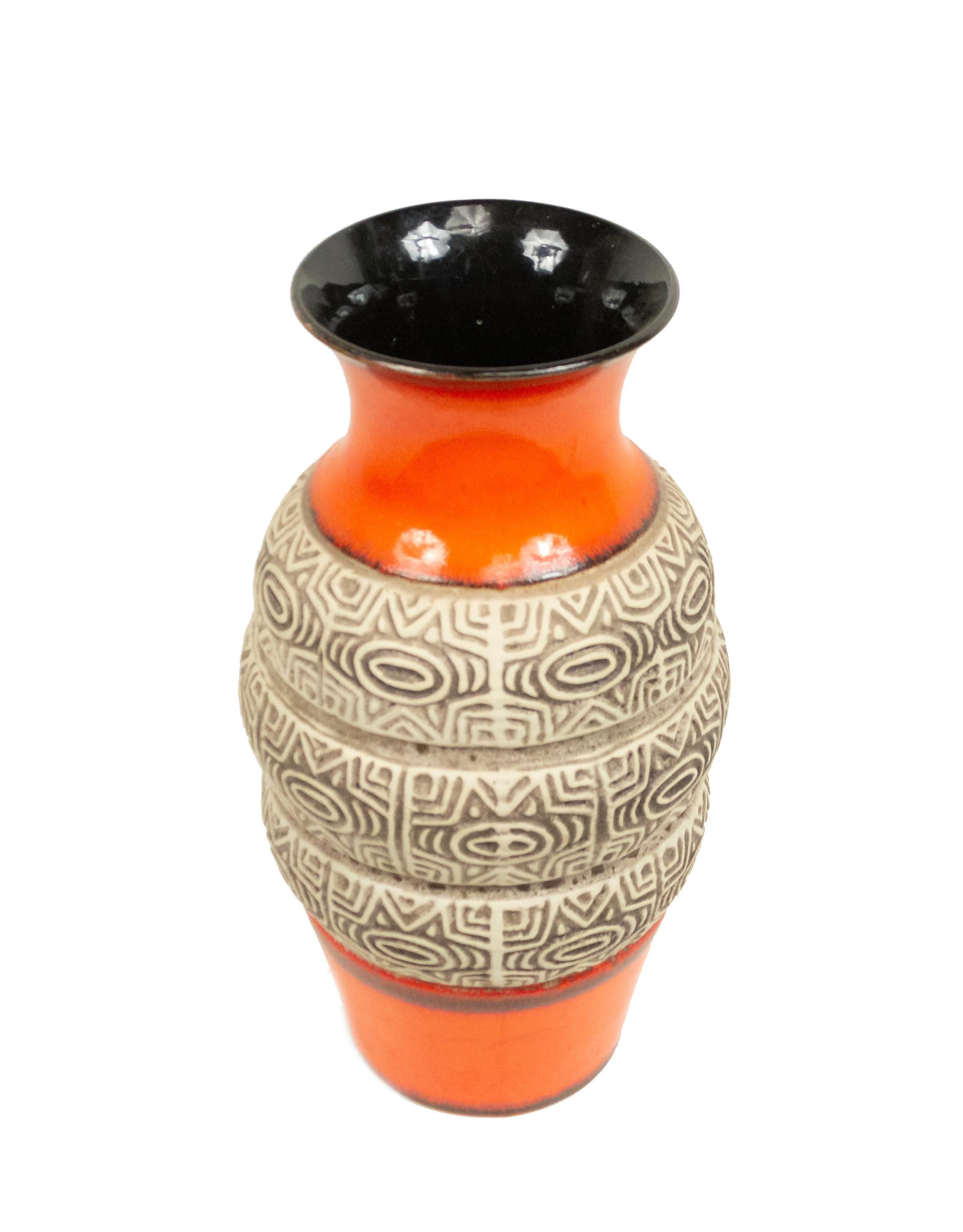 Post-War German Incised Orange and Beige Vase For Sale 2