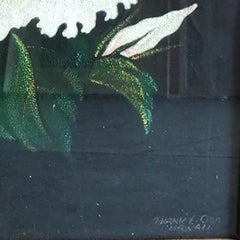Post War Hawaiian Airbrush Hibiscus Floral on Velvet in Frame, Signed Frank Oda