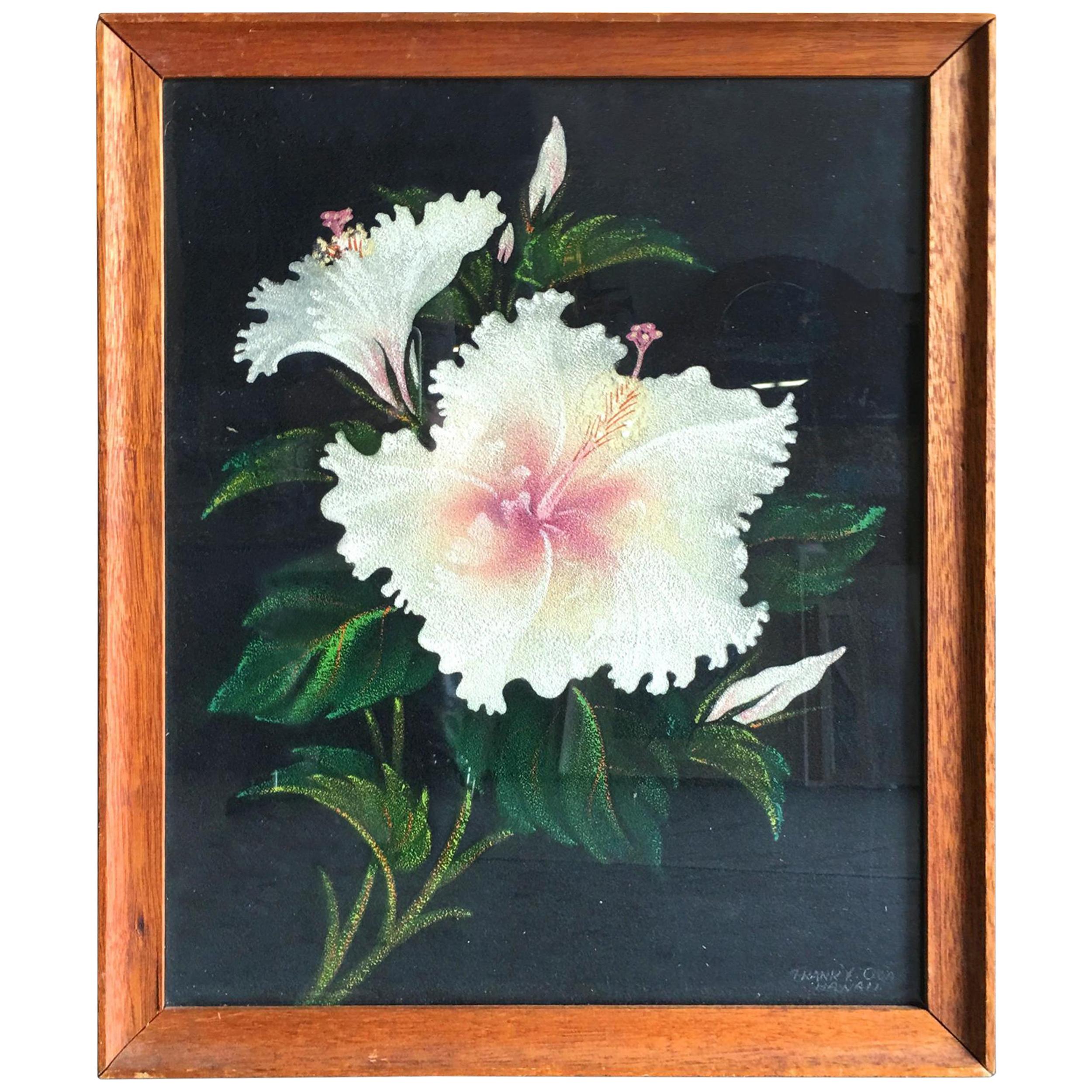 Post War Hawaiian Airbrush Hibiscus Floral on Velvet in Frame, Signed Frank Oda