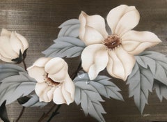 Post War Hawaiian Airbrush Tropical Hibiscus Floral in White Wood Frame, Signed