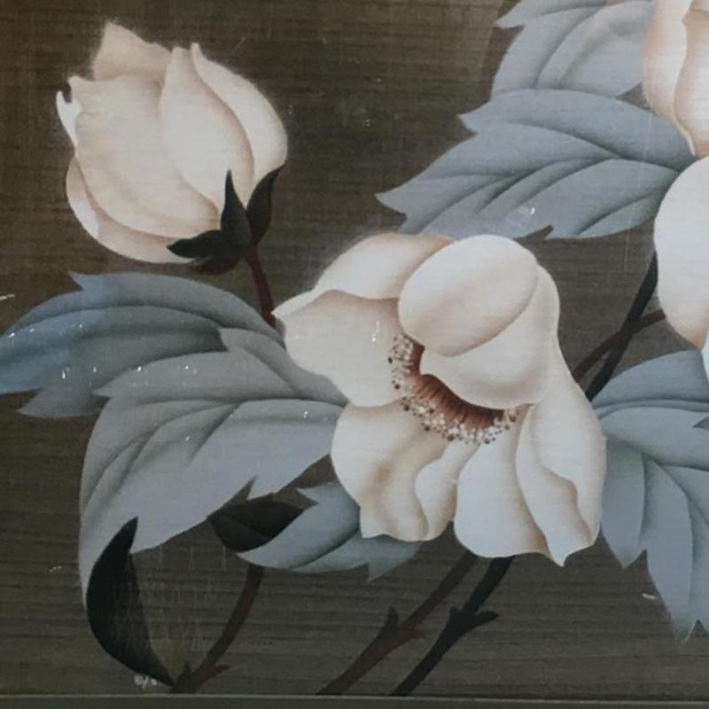 Mid-Century Modern Postwar Hawaiian Airbrush Tropical Hibiscus Floral in White Wood Frame, Signed For Sale