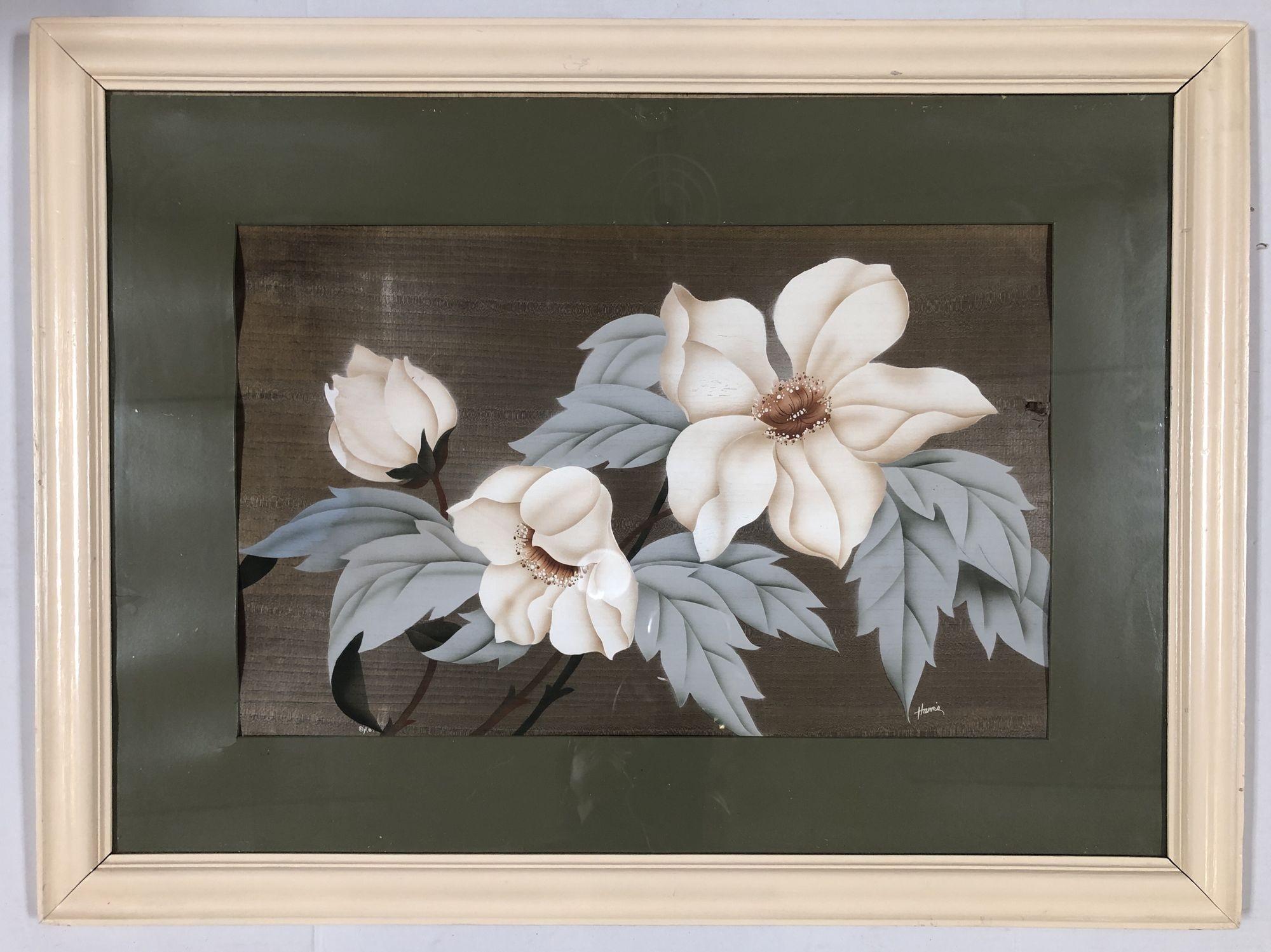 Paper Post War Hawaiian Airbrush Tropical Hibiscus Floral in White Wood Frame, Signed