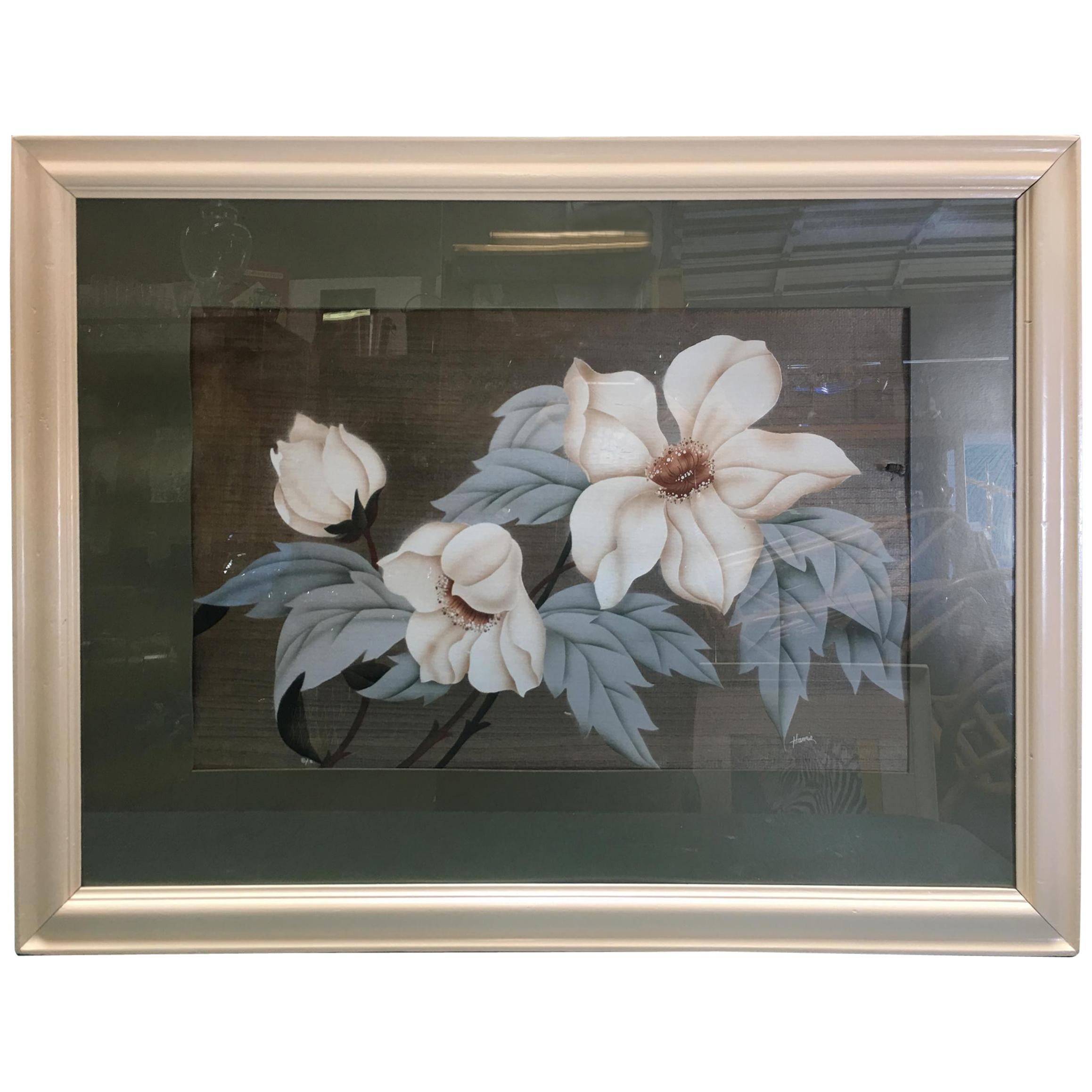 Postwar Hawaiian Airbrush Tropical Hibiscus Floral in White Wood Frame, Signed