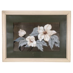 Post War Hawaiian Airbrush Tropical Hibiscus Floral in White Wood Frame, Signed