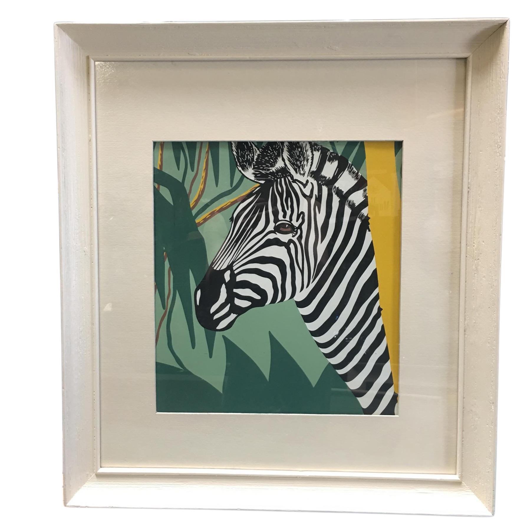 Mid-Century Modern Post War Hawaiian Airbrush Zebra in Original Frame w/ large Mat, Pair For Sale