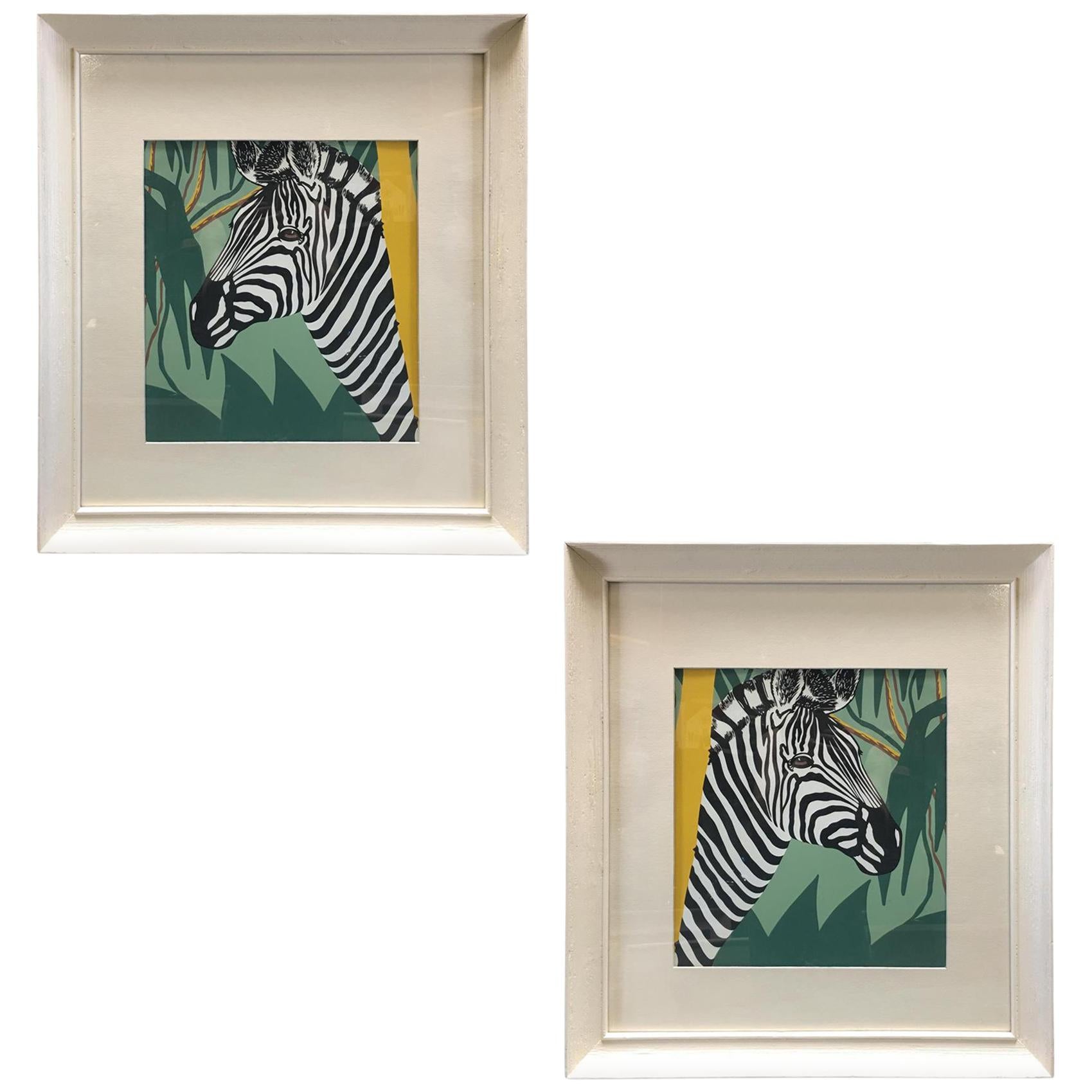 Post War Hawaiian Airbrush Zebra in Original Frame w/ large Mat, Pair For Sale