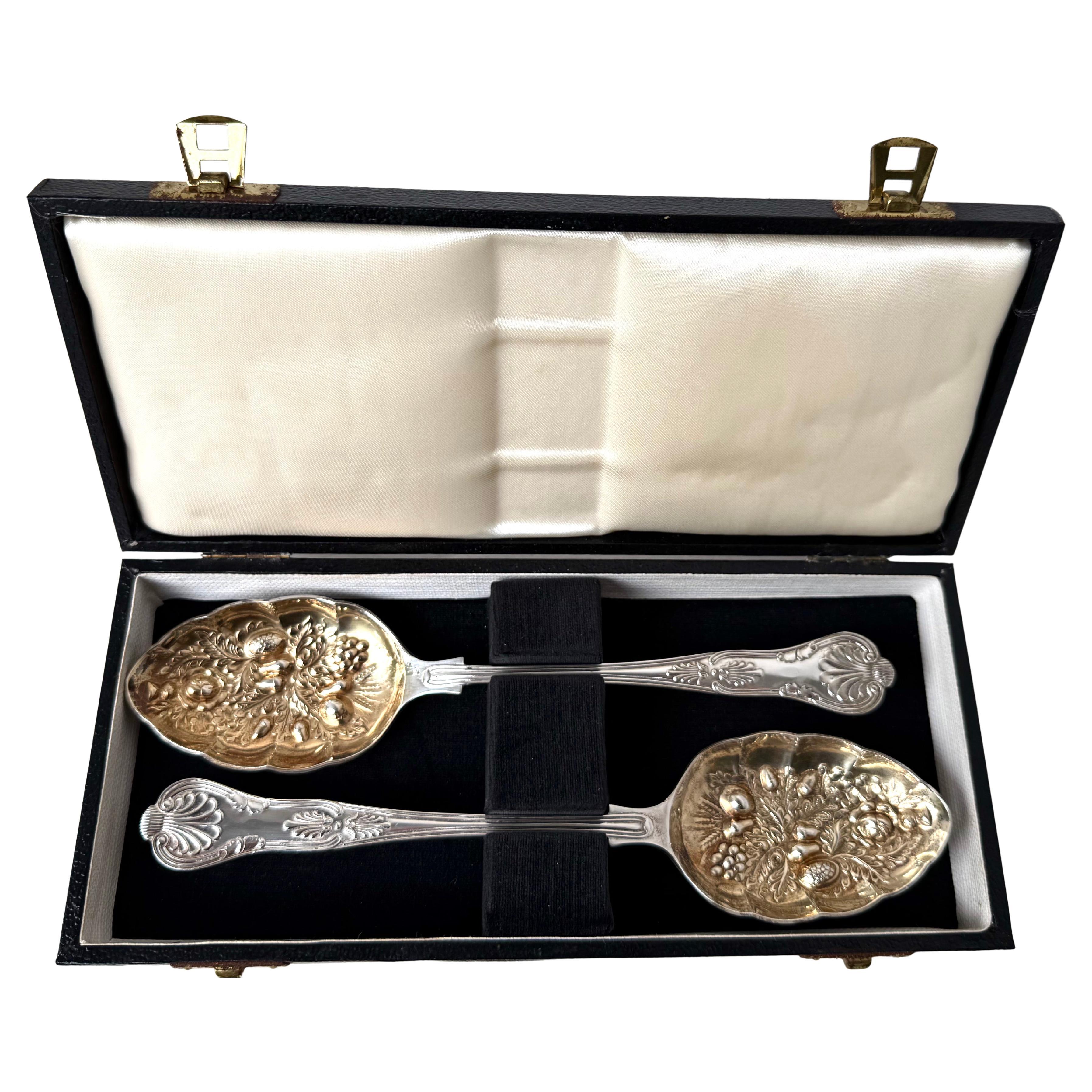 Post War Pair Silver Plate Salad Spoons in Original Case. For Sale