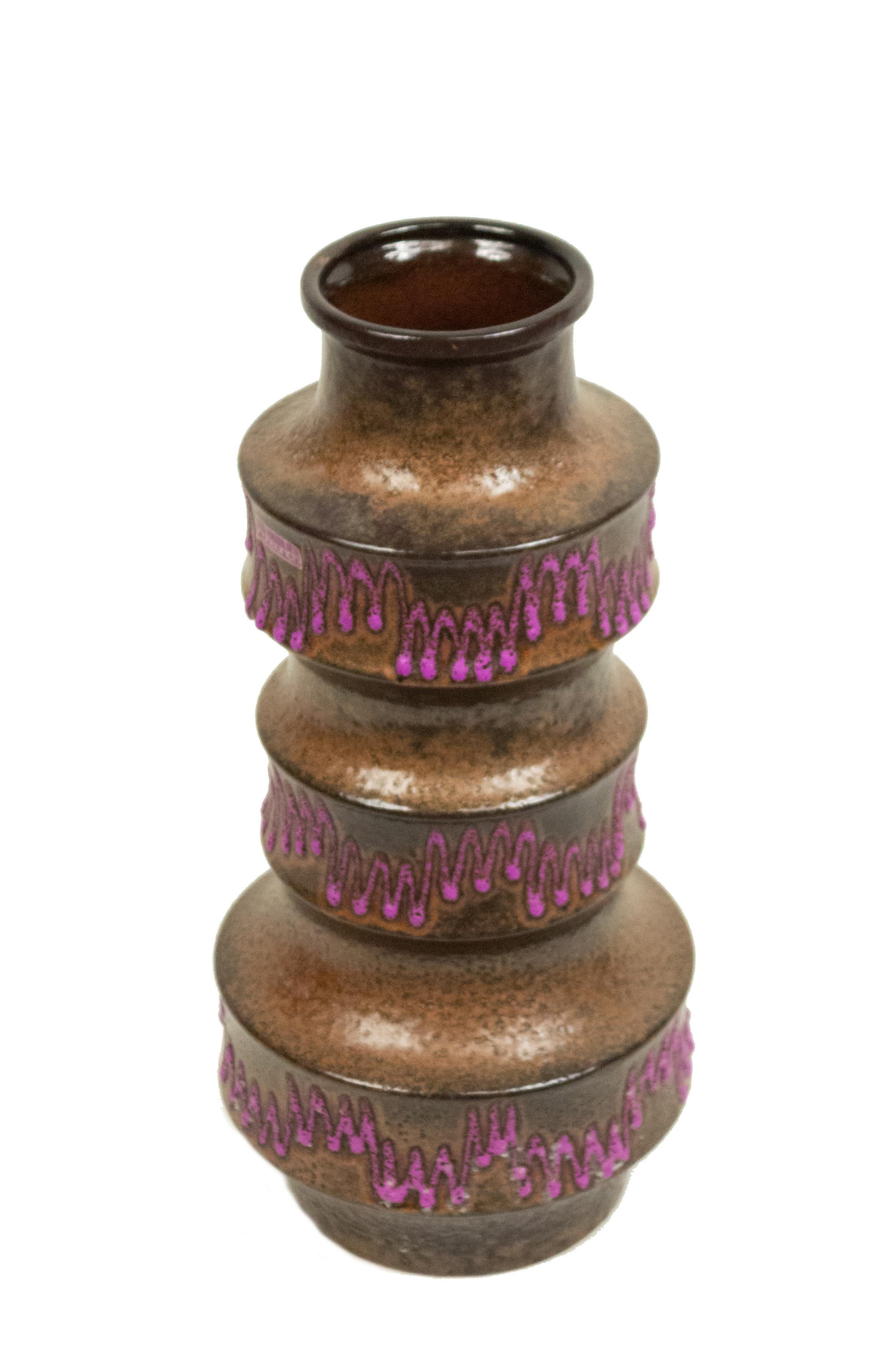 Post-War West Germany cylindrical tiered brown ceramic vase with a purple drip glaze ripple zig zag pattern (original SCHEURICH label attached).
