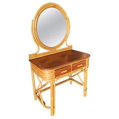 Post War Rattan and Mahogany Vanity with Round Mirror