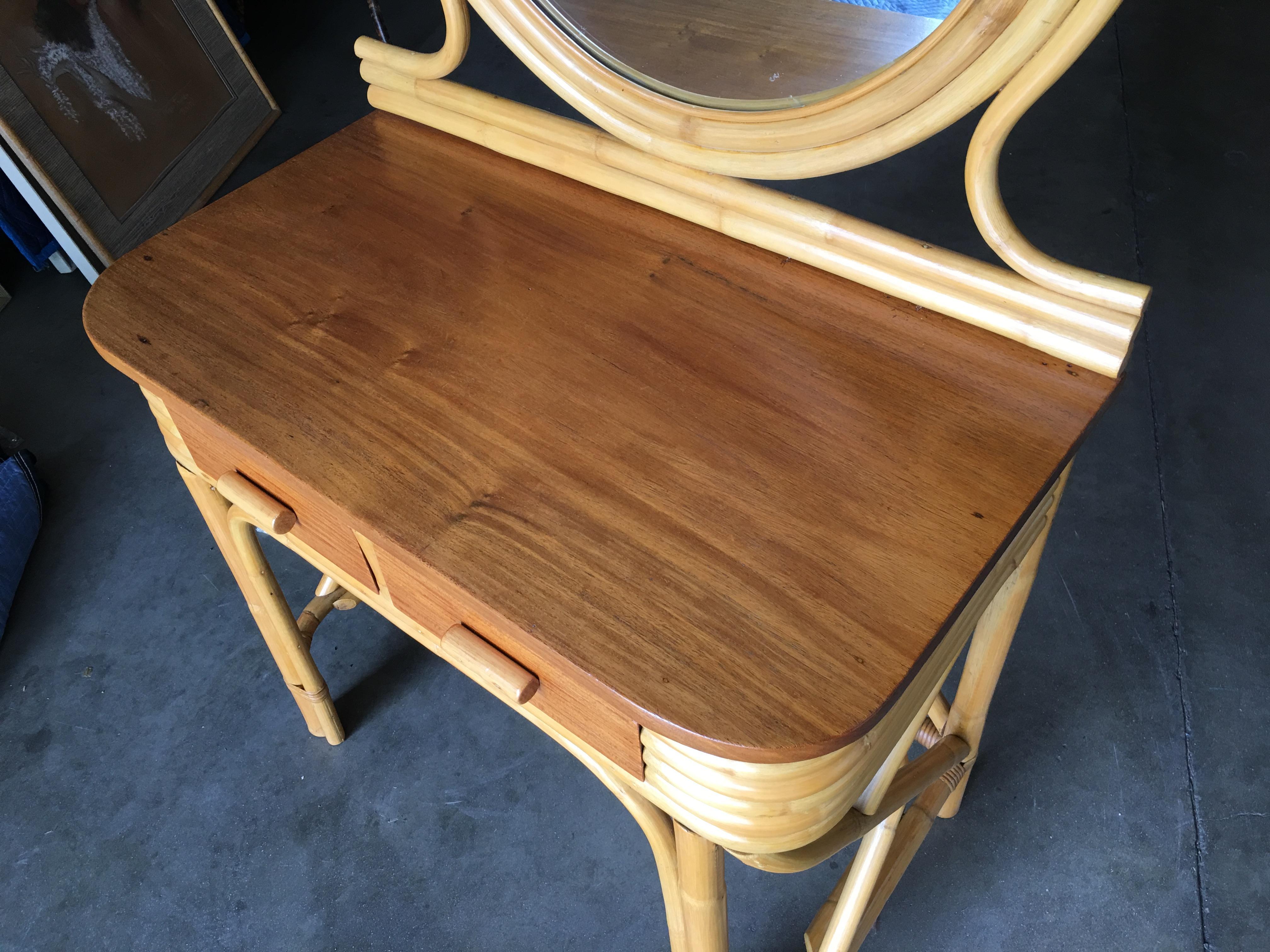 Mid-Century Modern Post War Rattan and Mahogany Vanity with Round Mirror