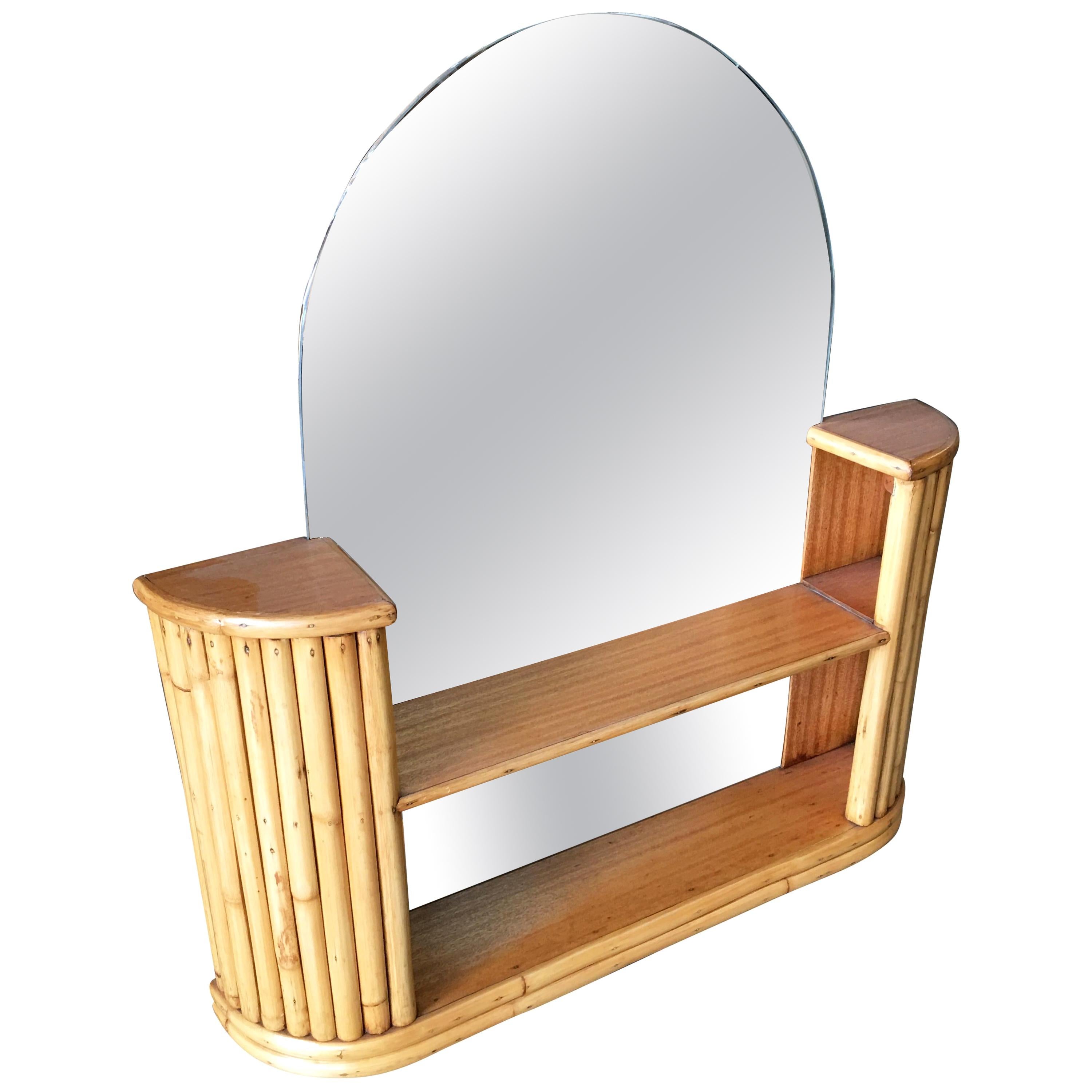 Post War Rattan Vanity Table Console Mirror with Shelf For Sale