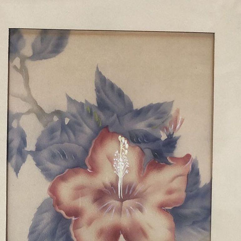 Roter Hibiskus, Airbrush-Gemälde auf Papier von Tip Freeman, Nachkriegszeit, gerahmt (amerikanisch) im Angebot