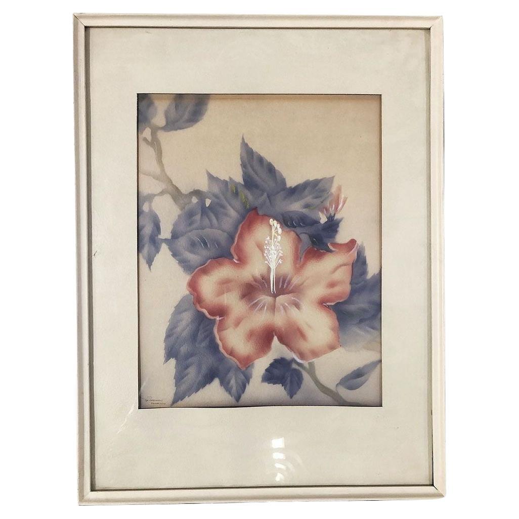 Post War Red Hibiscus Airbrush Painting on Paper by Tip Freeman, Framed