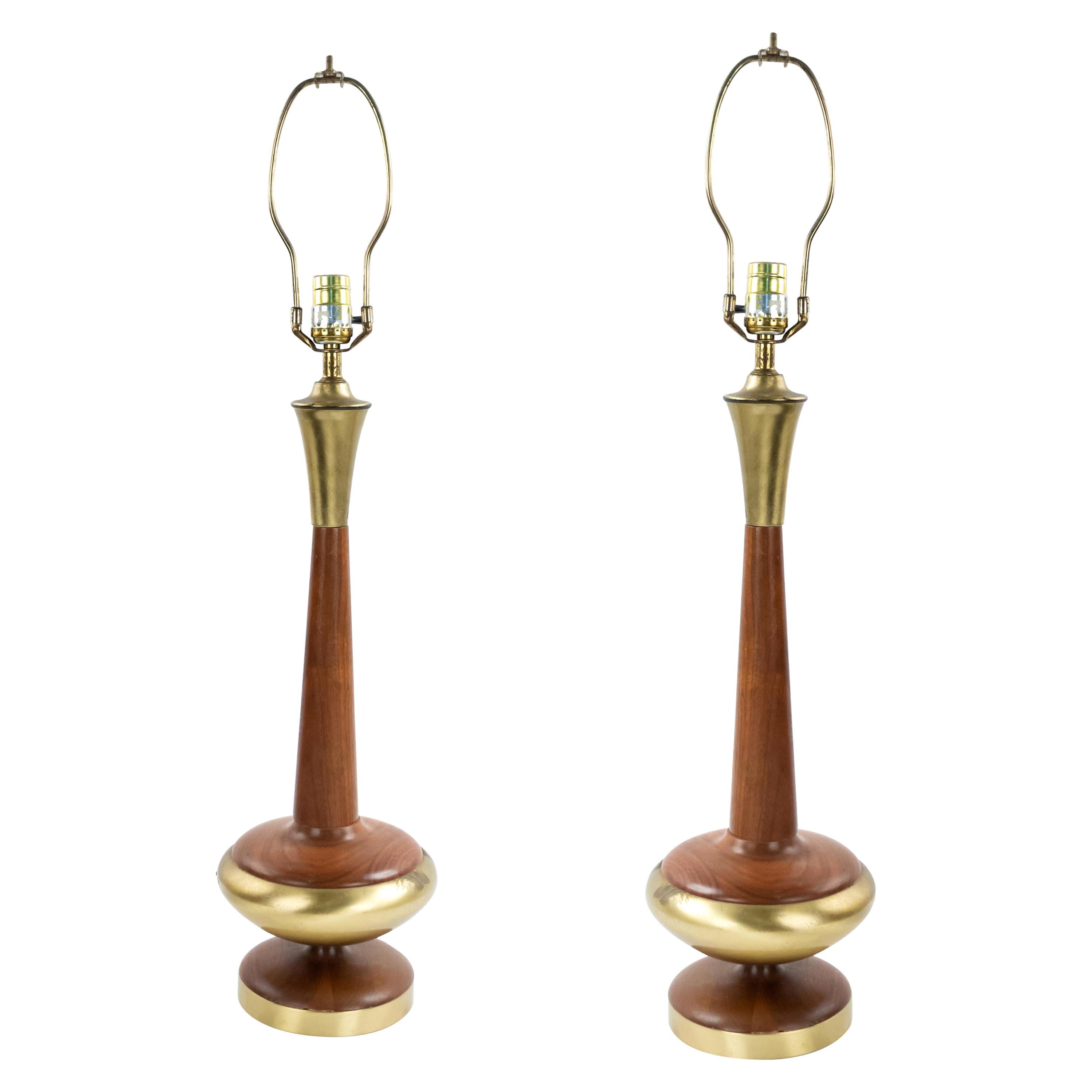 Post War Scandinavian Teak and Brass Table Lamps For Sale