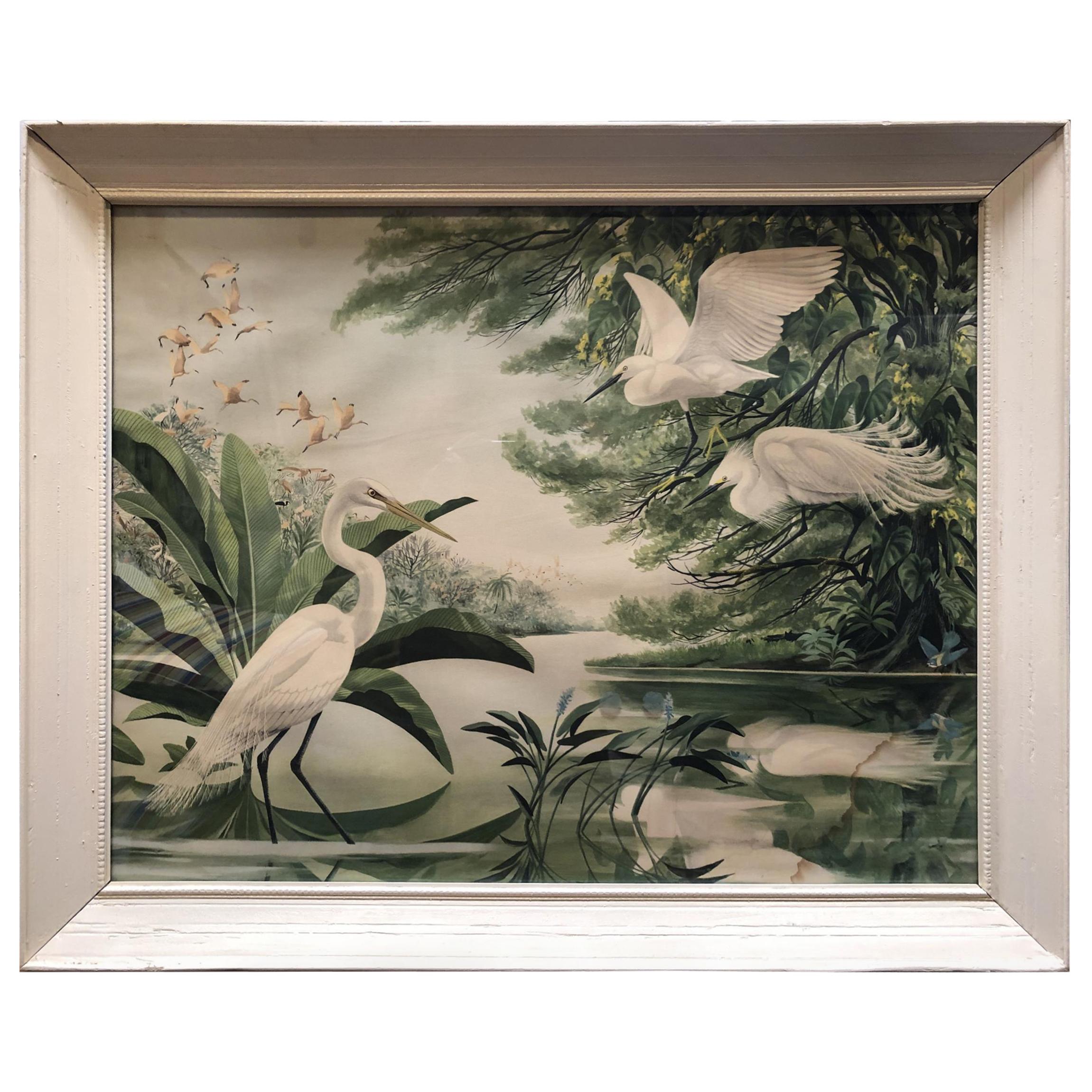 Post-War Tropical Cranes Print in Original Frame For Sale