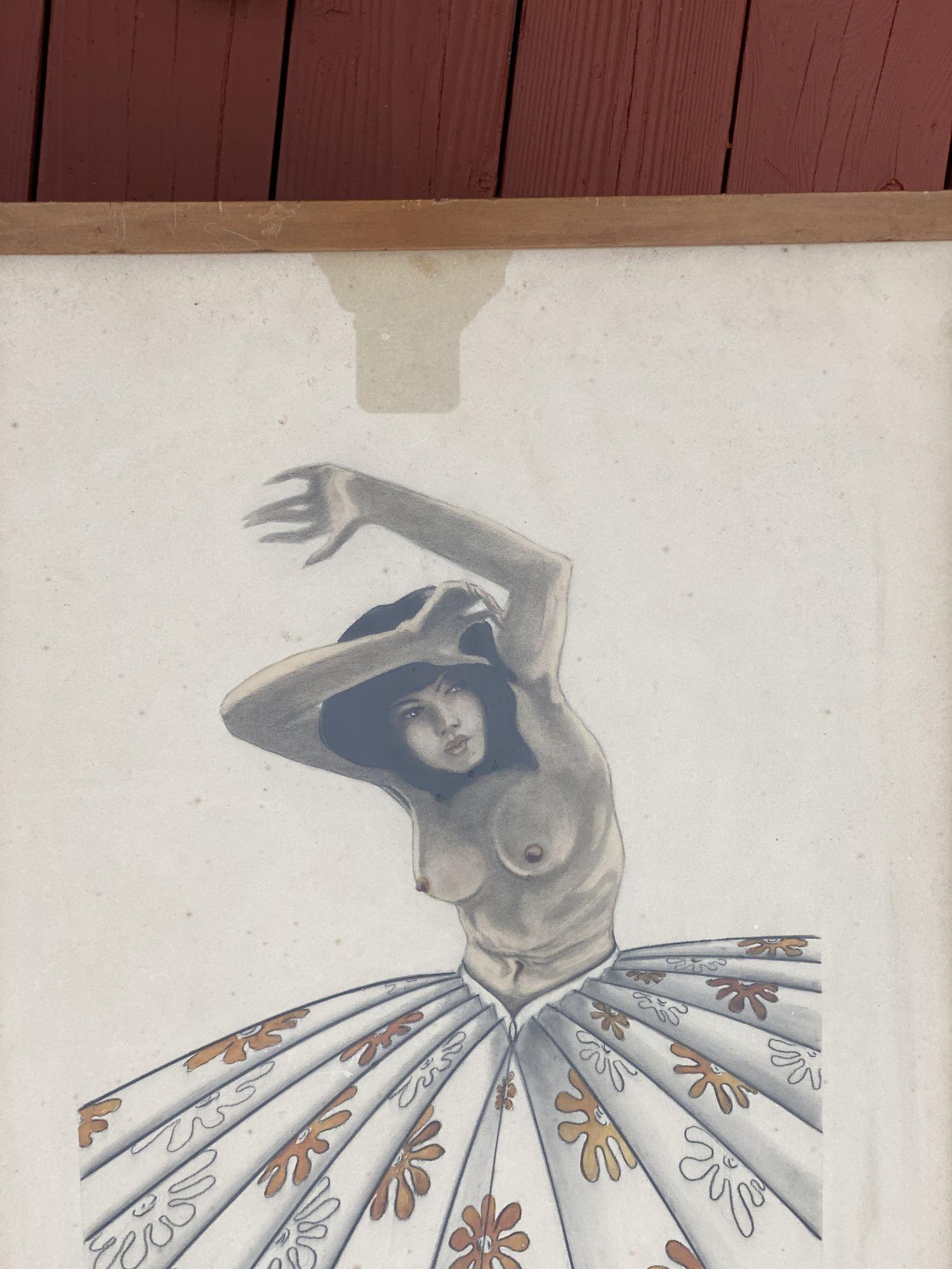 Post-WWII nude tropical color pencil drawing artwork Signed 