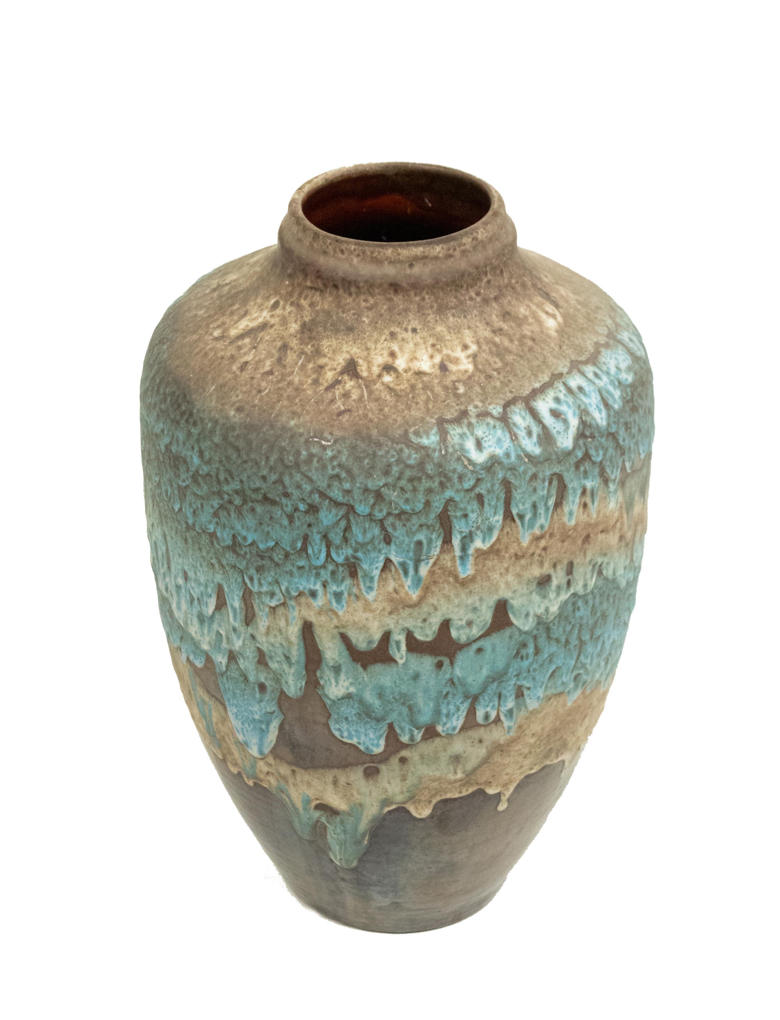 Vase d'après-guerre en Allemagne de l'Ouest, de couleur bleue, brune et orange, en forme de 