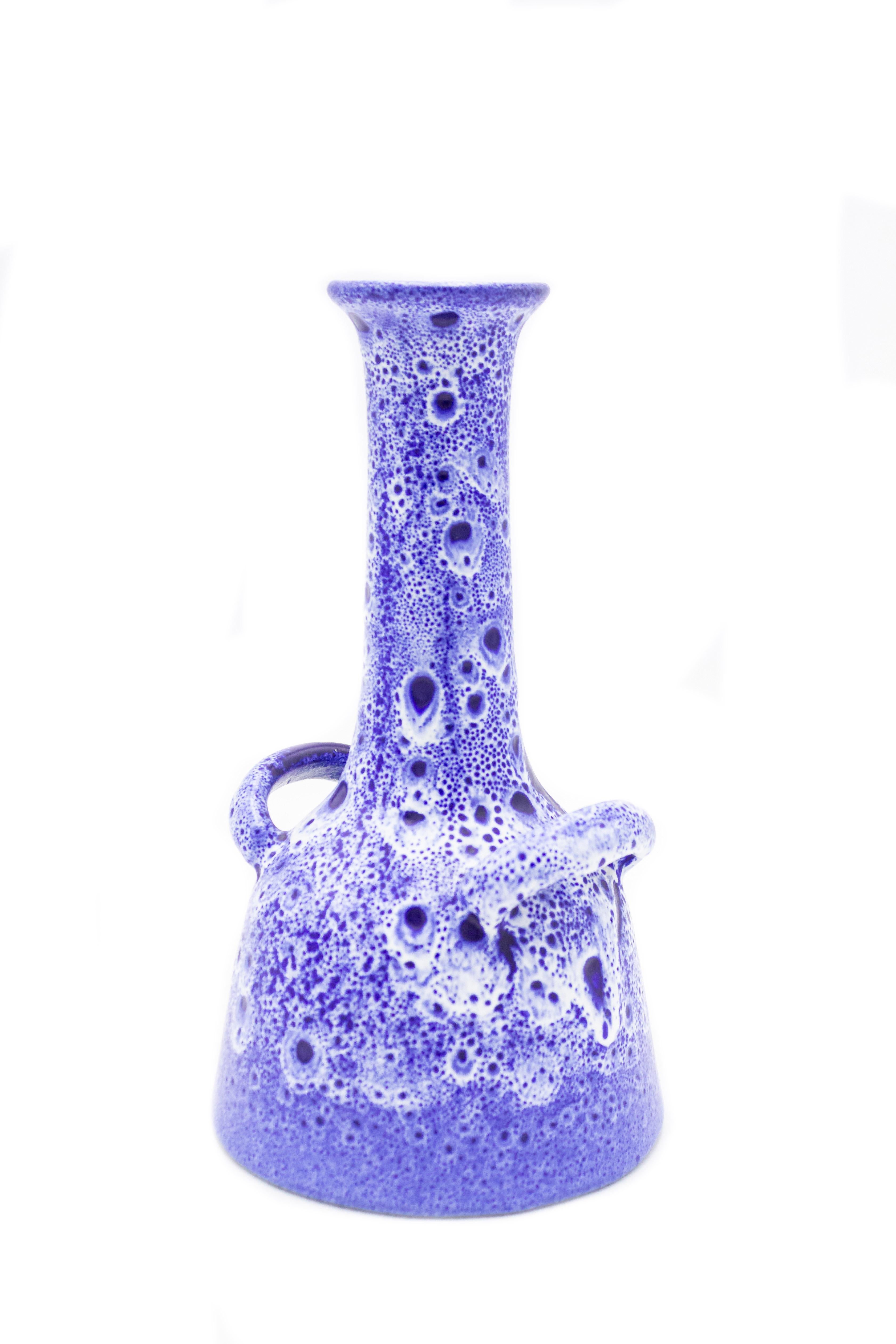 Post-War West Germany purple and white speckled ceramic vase with elongated handles and long taped neck.
 