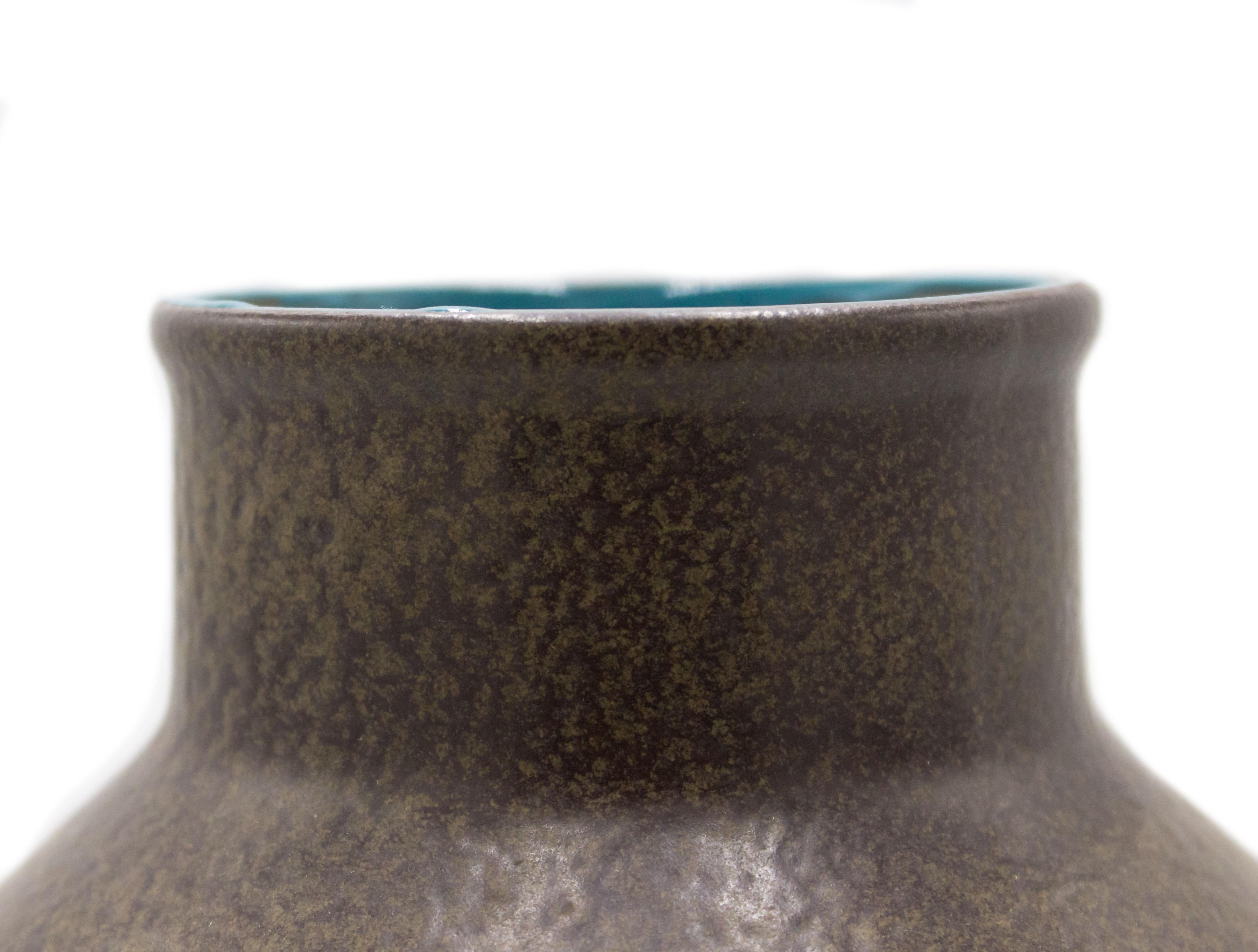 Post-War West Germany brown vase with center banding with geometric white and yellow pumice textured shapes.
      