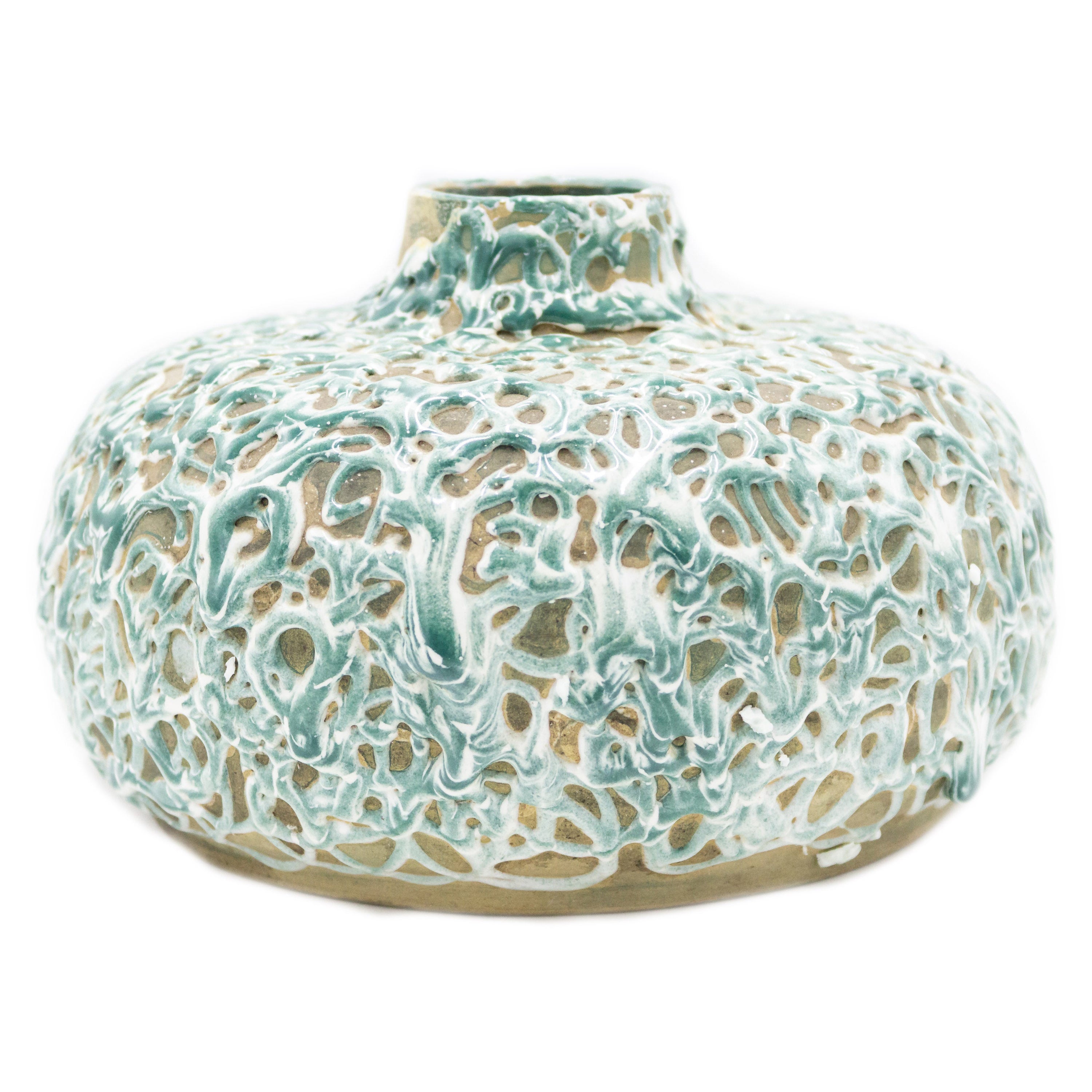 Vase en céramique d'après-guerre de l'Allemagne de l'Ouest en forme de goutte d'eau courte, verte et havane en vente