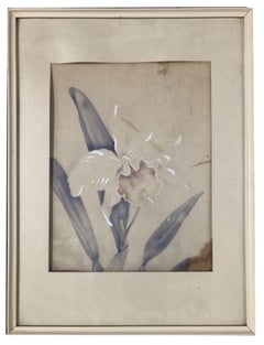 Post War White Orchid Airbrush Painting on Paper by Tip Freeman, Framed