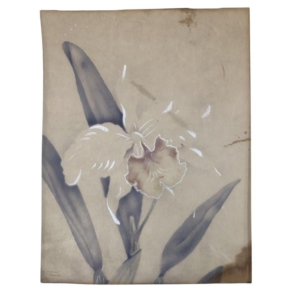 Post War White Orchid Airbrush Painting on Paper by Tip Freeman, Framed