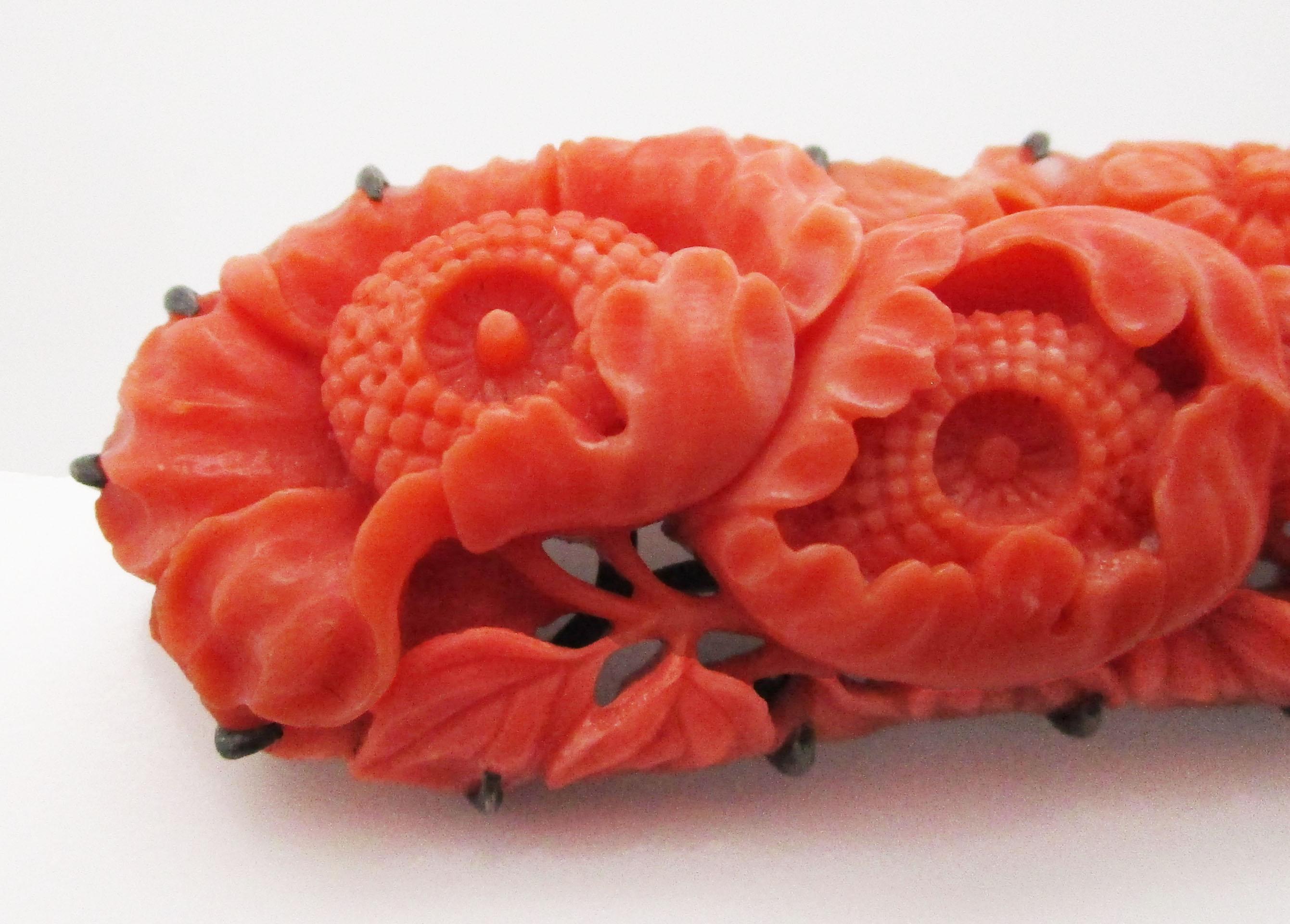 Uncut Post World War II Hand Carved Coral Sterling Silver Brooch