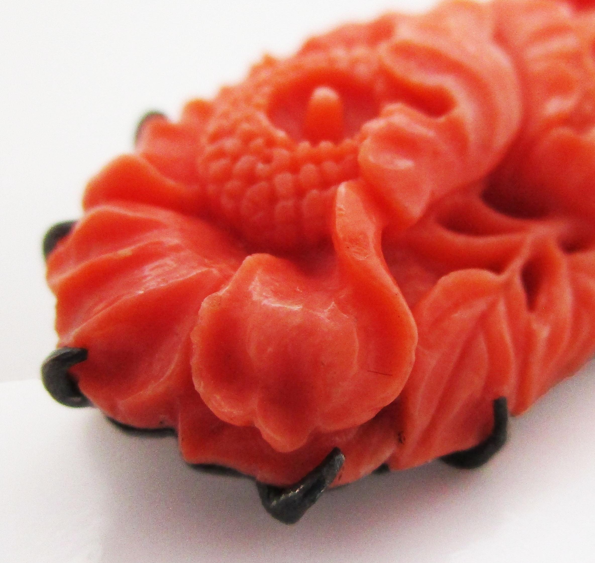 Post World War II Hand Carved Coral Sterling Silver Brooch In Excellent Condition In Lexington, KY
