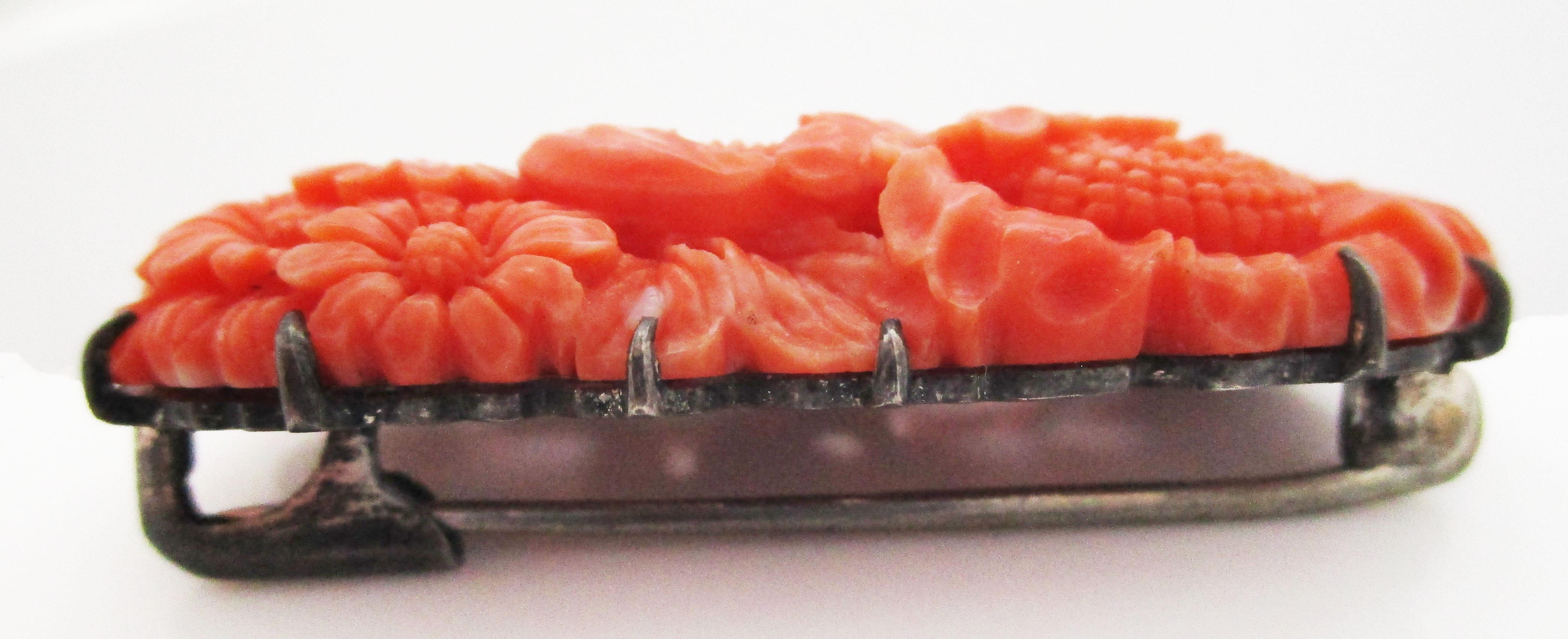 Women's or Men's Post World War II Hand Carved Coral Sterling Silver Brooch