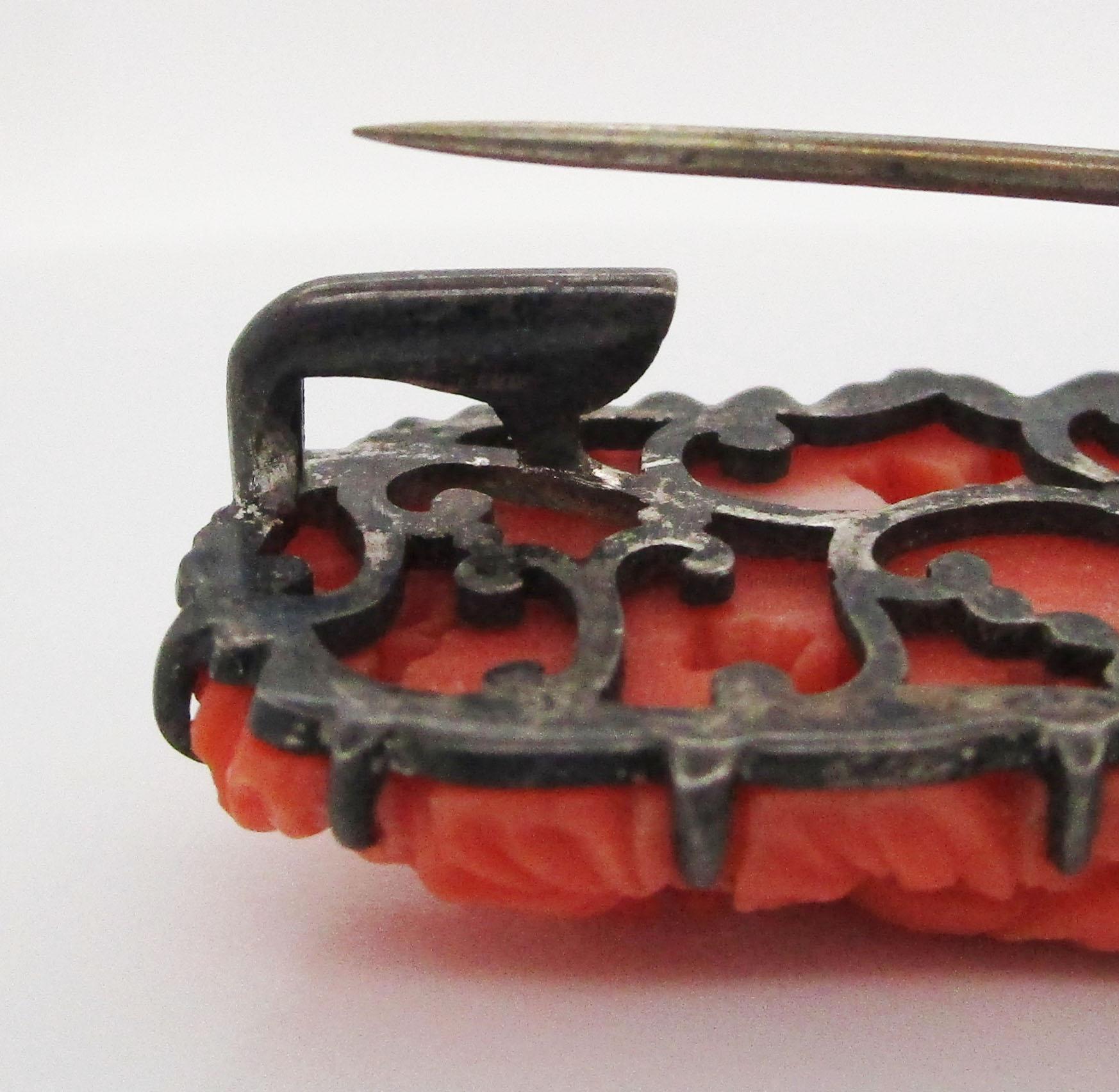 Post World War II Hand Carved Coral Sterling Silver Brooch 1