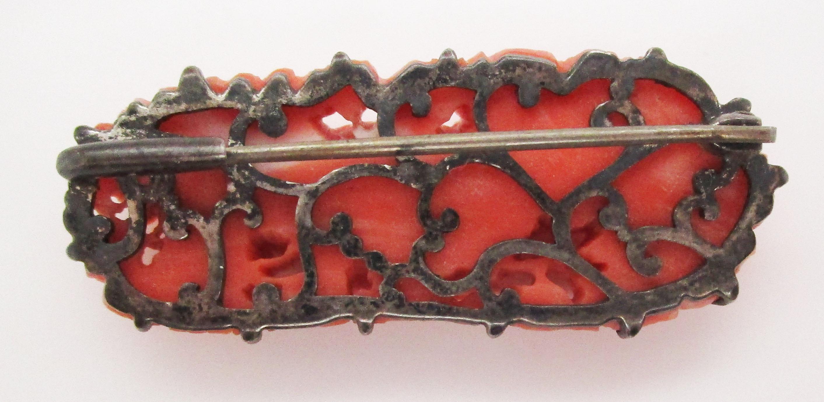 Post World War II Hand Carved Coral Sterling Silver Brooch 2