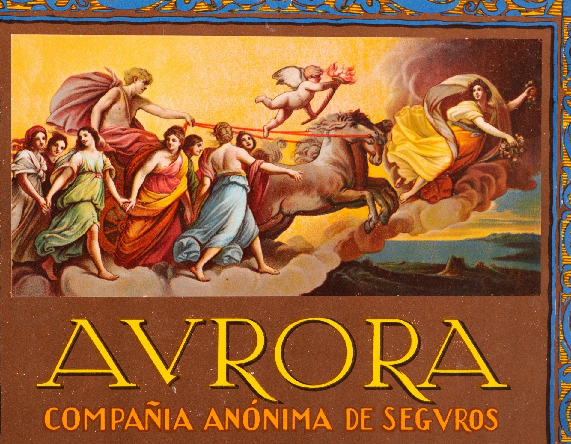 Affiche Aurora Insurance Company Carton. Espagne, première moitié du XXe siècle. 
Seguros Aurora était une société créée le 13 février 1900, promue par des personnes liées au secteur du transport maritime et de l'exploitation minière et dont