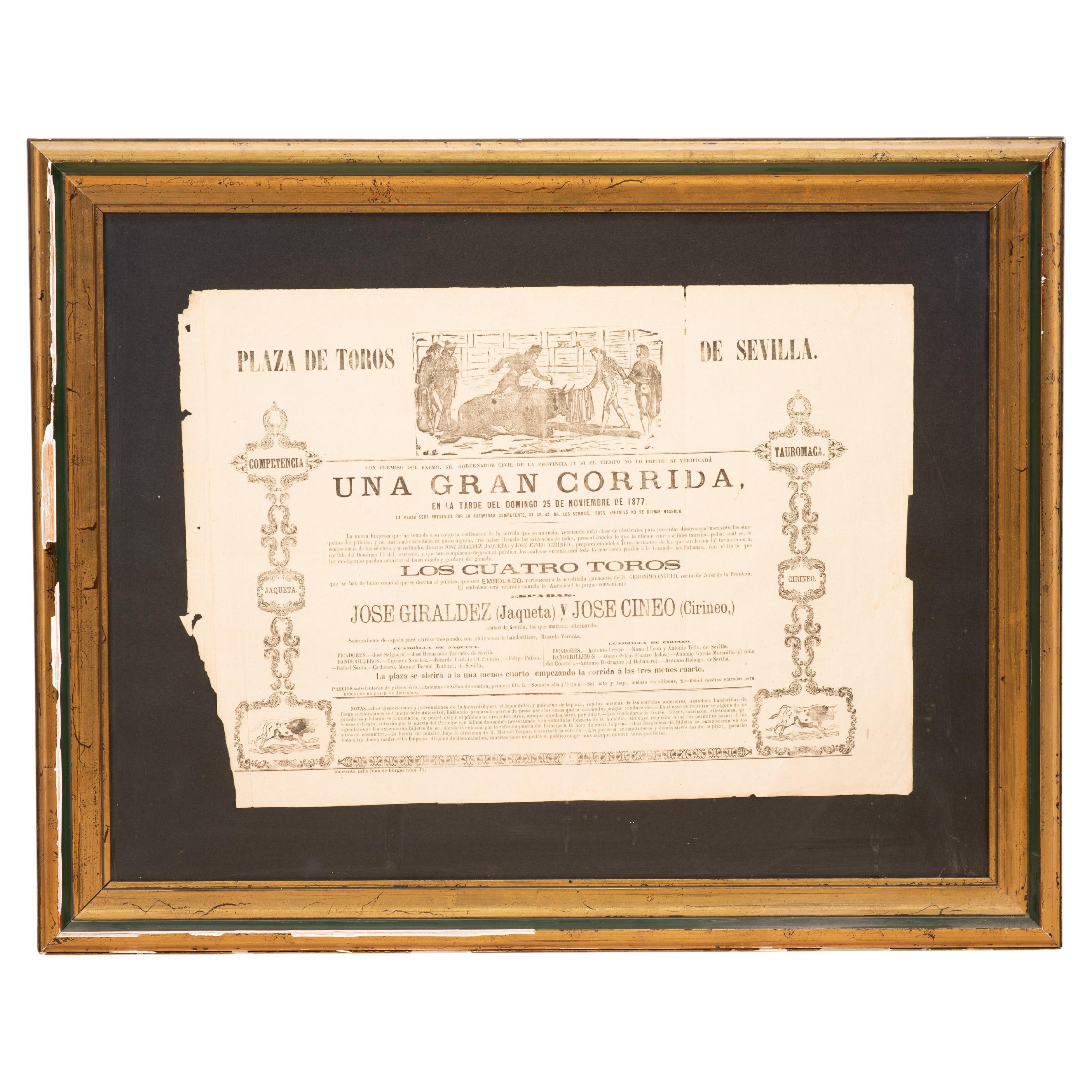 Poster, Bullring of Seville. Printed paper, framed. Seville, 1877.