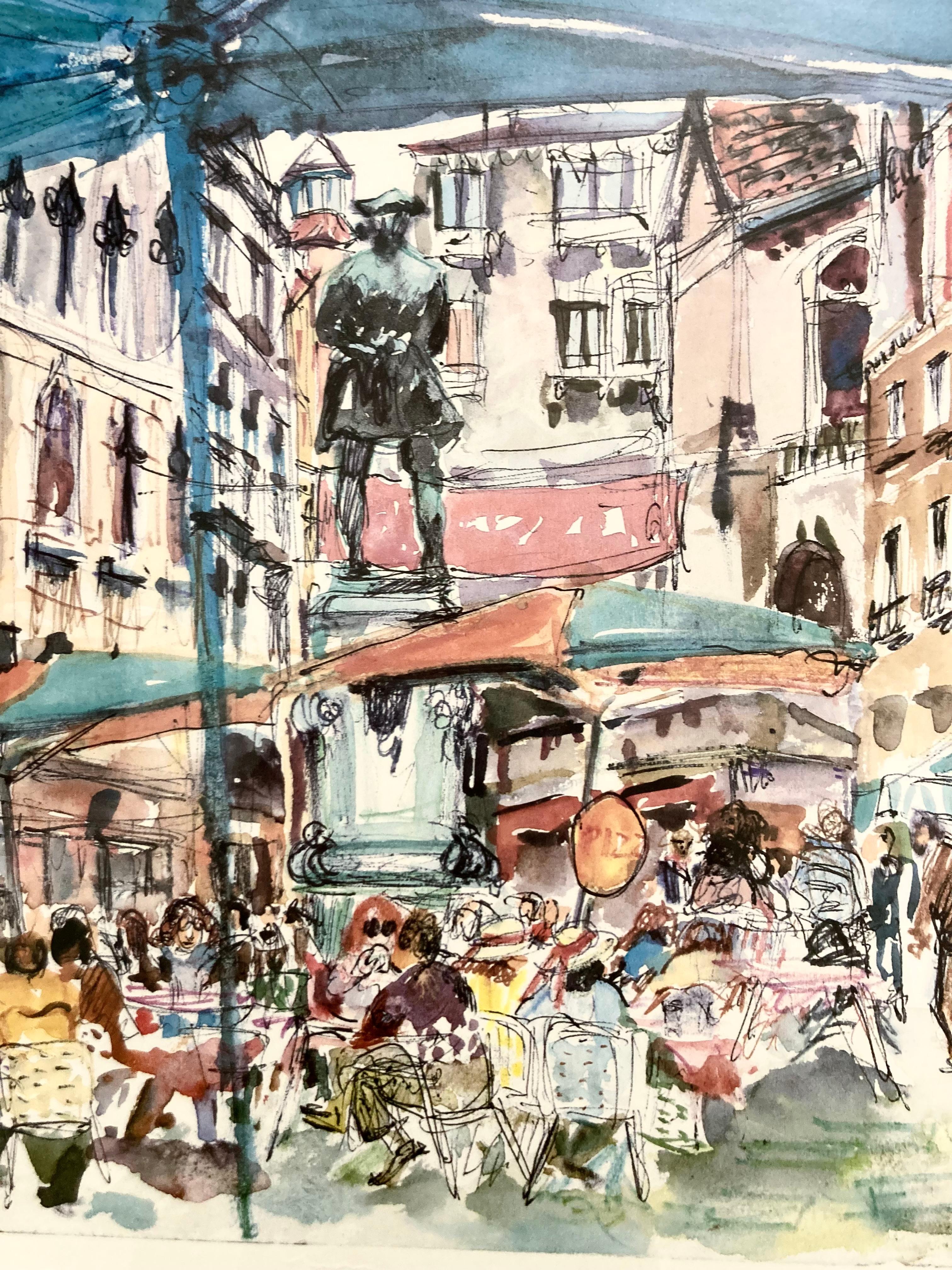 Ein lebhaftes Vintage-Plakat für eine Ausstellung der Künstlerin Éléonora im Musée des Duncan in Paris im Juli 1981, die sich mit Gemälden im Zusammenhang mit dem Orient-Express befasst. Eine belebte Straßenszene mit einem belebten Café mit bunten