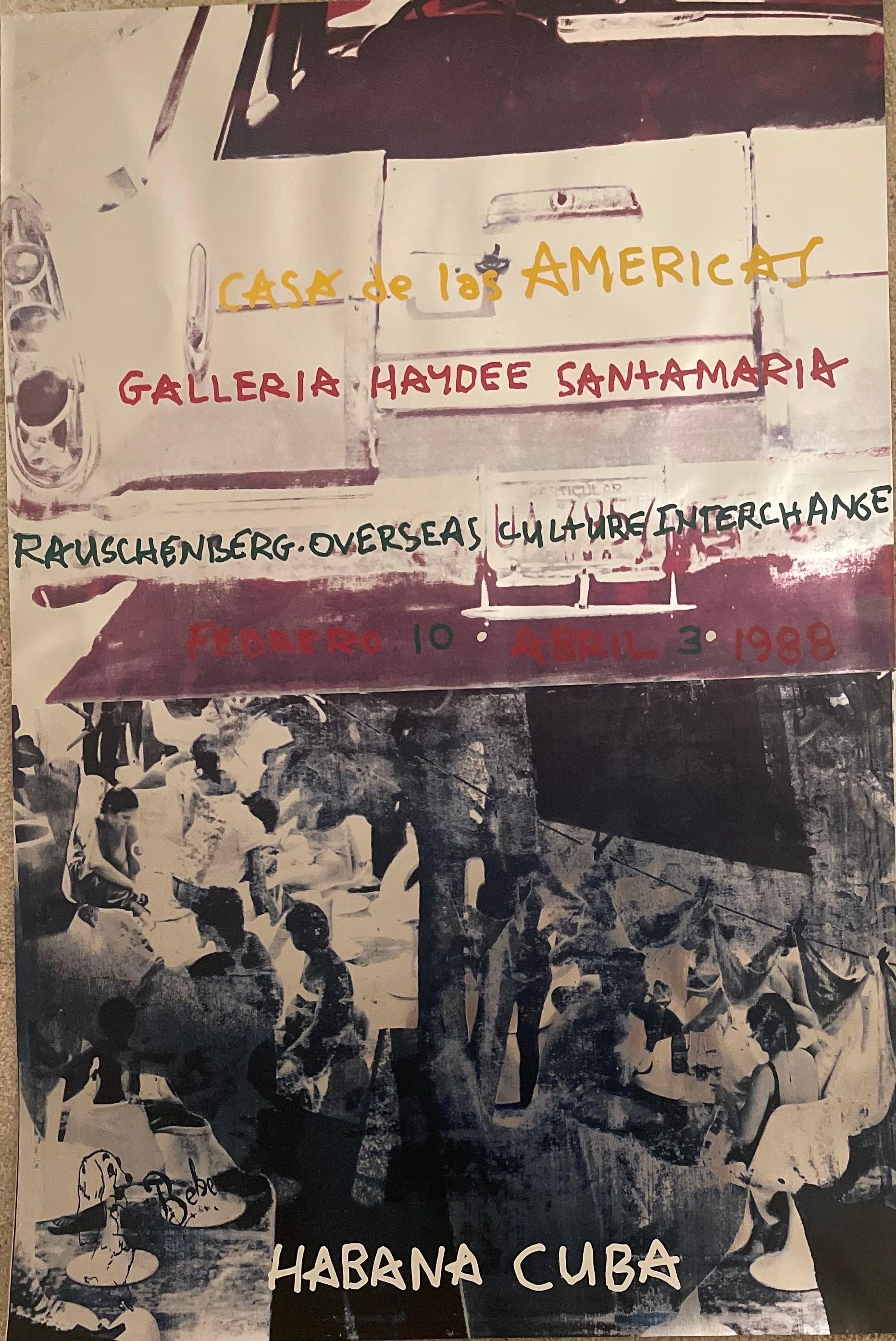 Vintage poster for Roci Cuba, Casa de las Americas by Robert Rauschenberg, circa 1988. The piece is an offset lithograph and screen print on foil-coated paper and measures 35