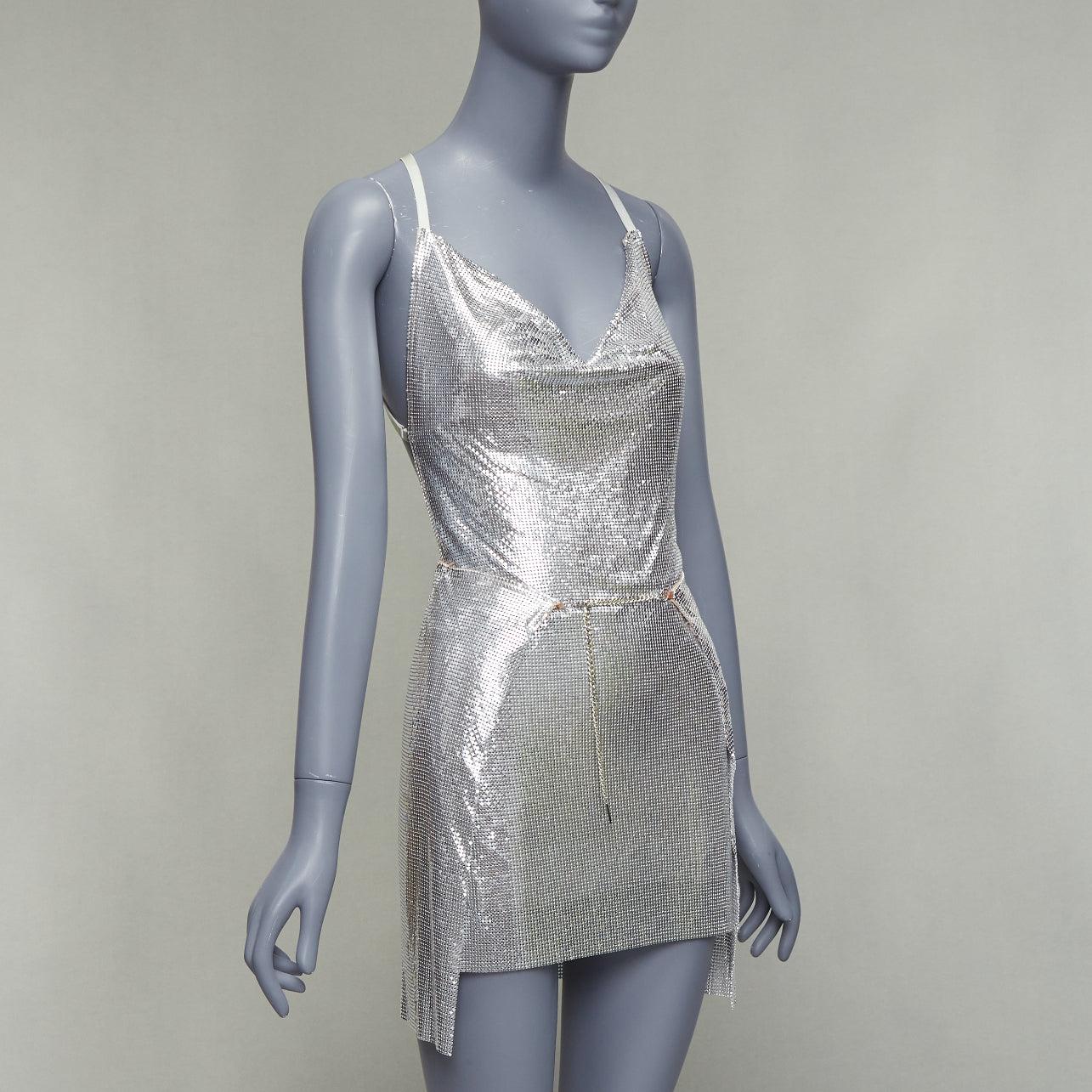 Silver POSTER GIRL Adrianne 100% aluminium silver chainmail top skirt dress XS For Sale