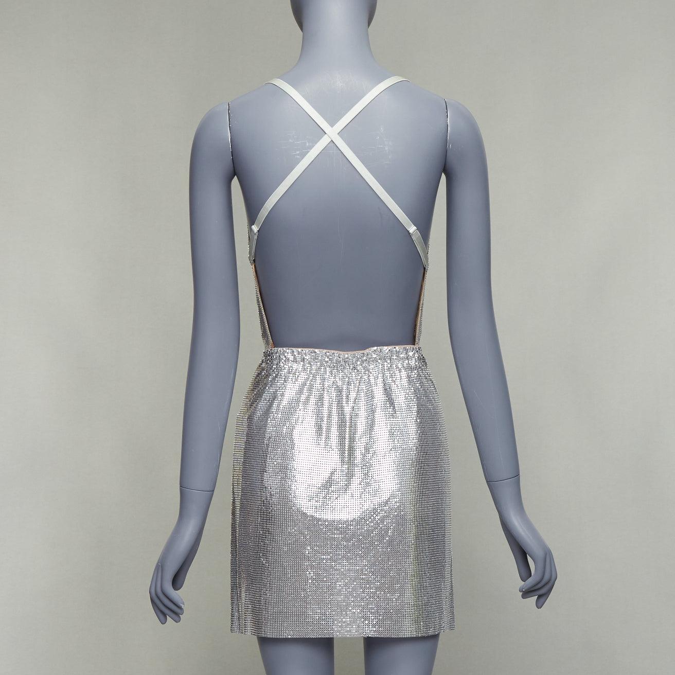Women's POSTER GIRL Adrianne 100% aluminium silver chainmail top skirt dress XS For Sale