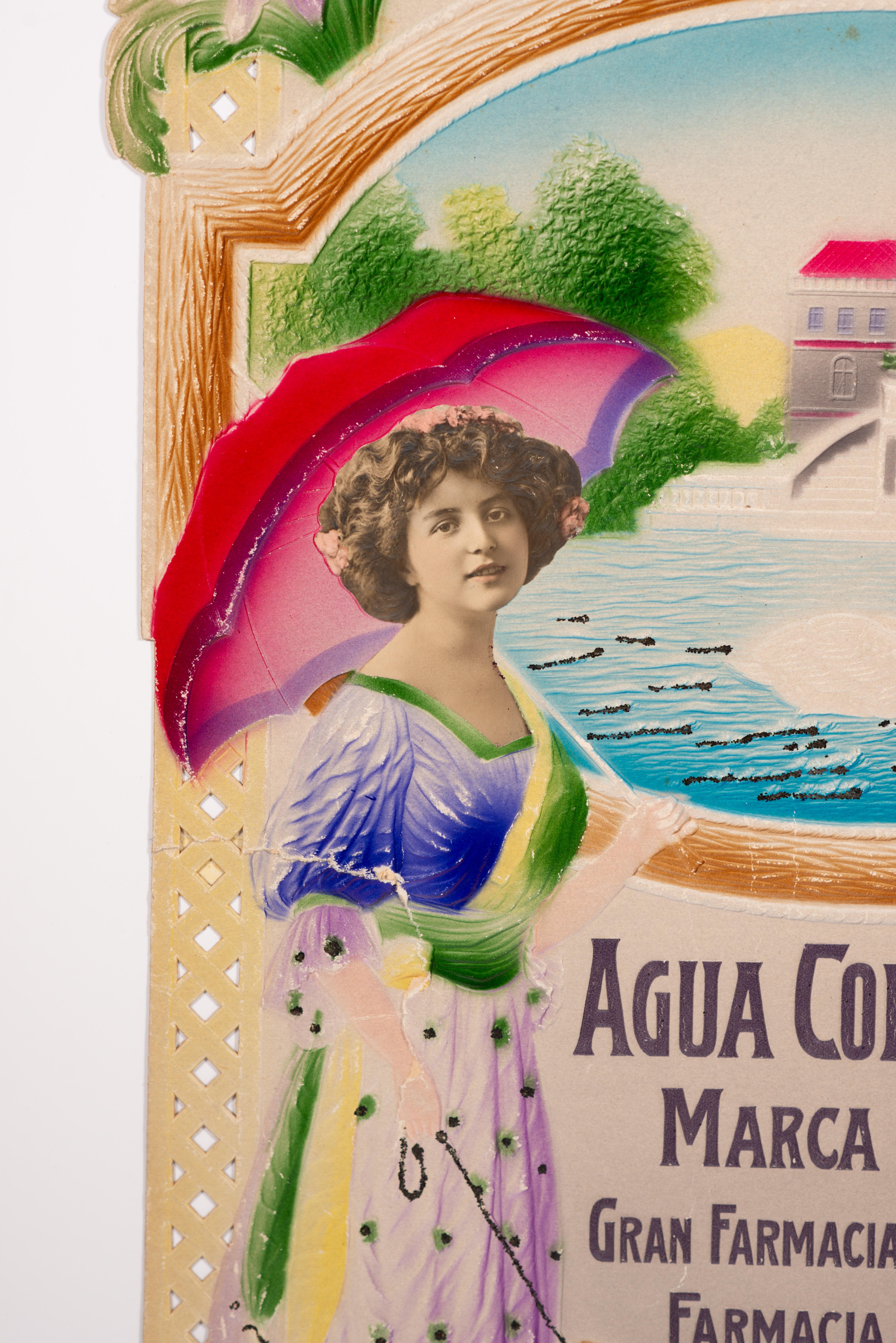 Cartel, Agua de Colonia Santo Domingo de Alquézar. Madrid, posiblemente hacia 1900. 
Cartel publicitario en color de Agua de Colonia Santo Domingo de Alquézar, citando los tres lugares donde se vendía en Madrid. Comparándolo con el cartel conservado