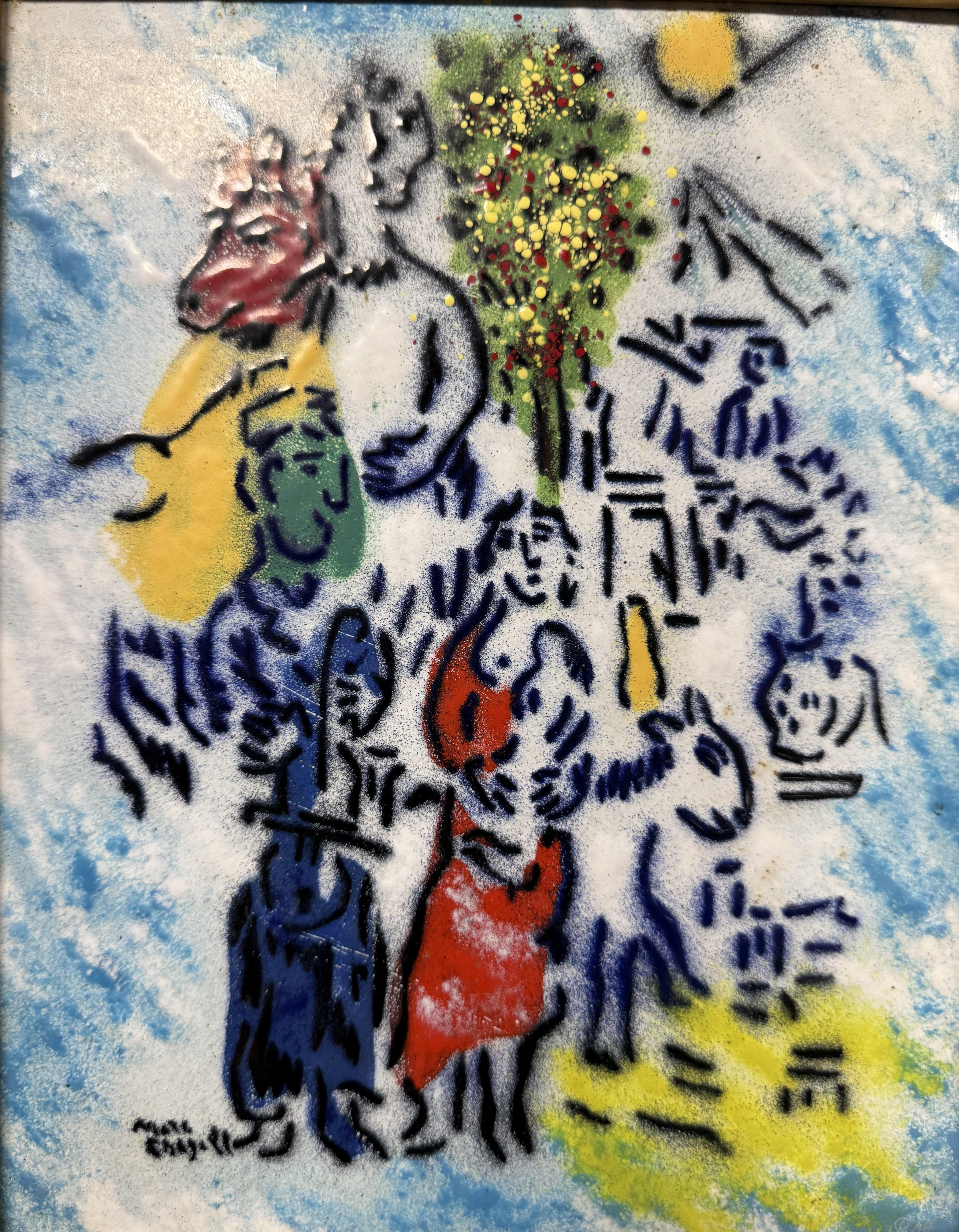 This is a posthumorous artwork after Marc Chagall.
It's an enamel on copper plate.
The artwork comes framed.

Frame size is 12