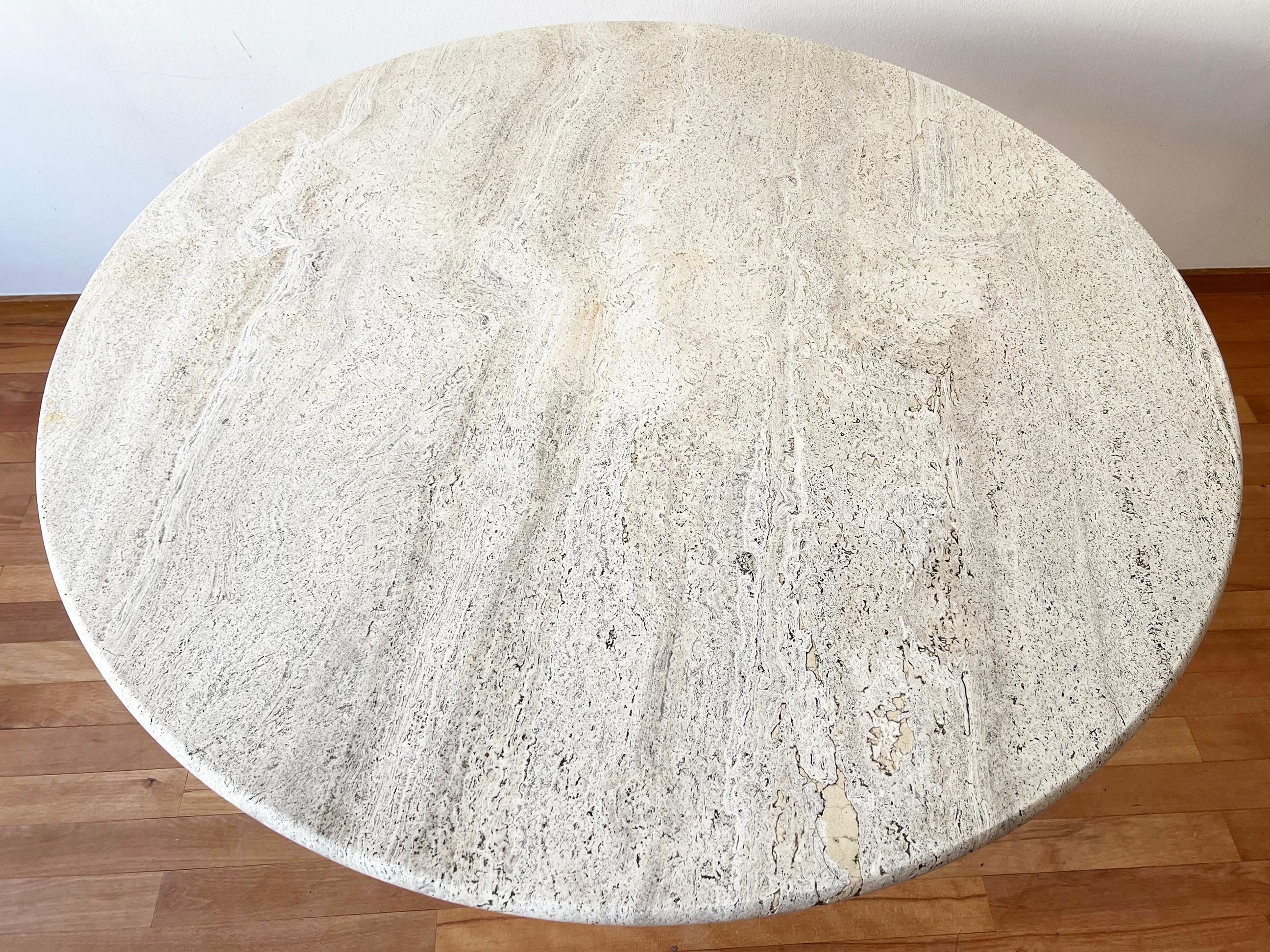 Post-Modern Postmodern 1970s Cream Off White Round Travertine Dining Table, Pedestal Base For Sale