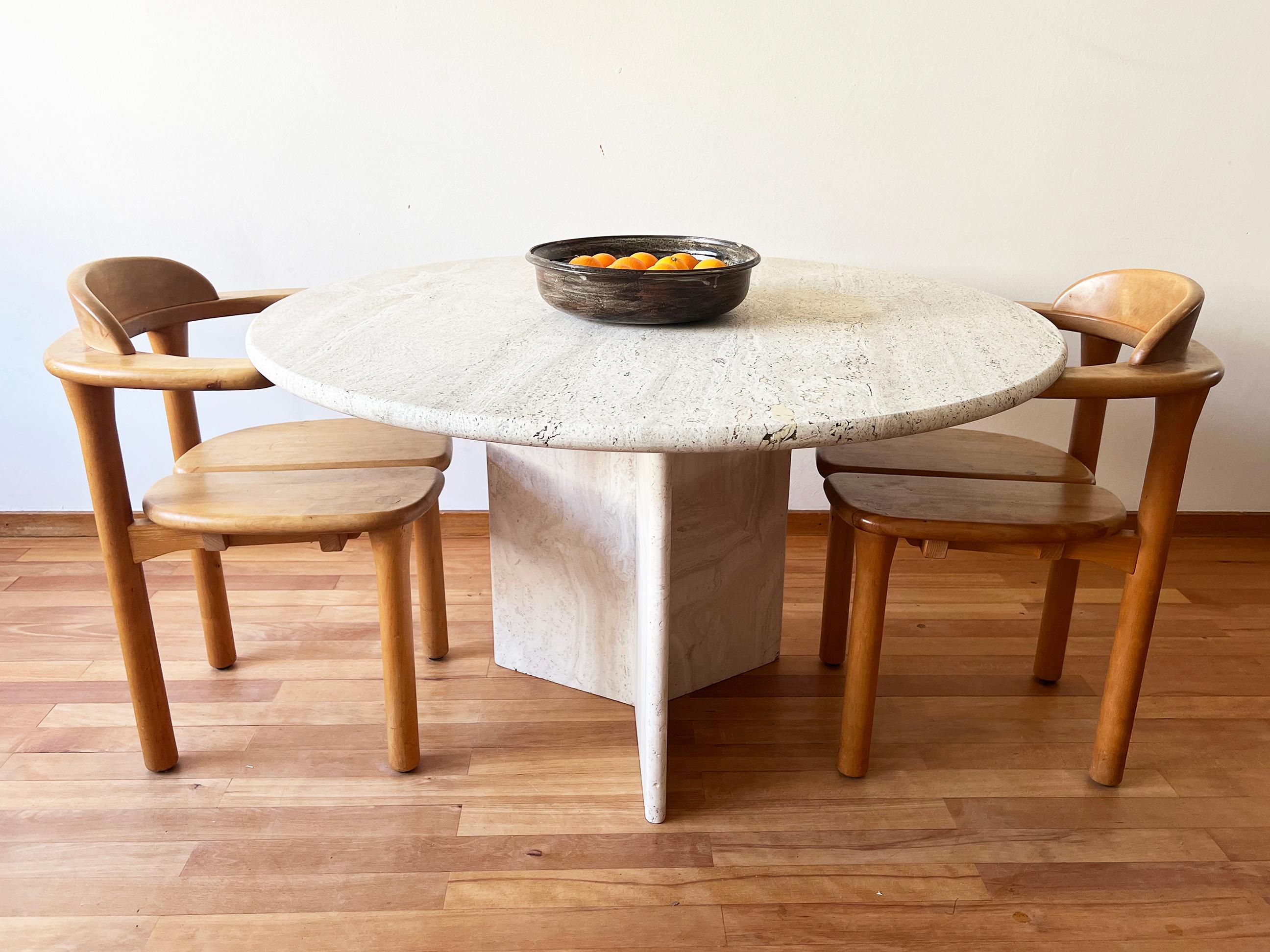 Late 20th Century Postmodern 1970s Cream Off White Round Travertine Dining Table, Pedestal Base For Sale